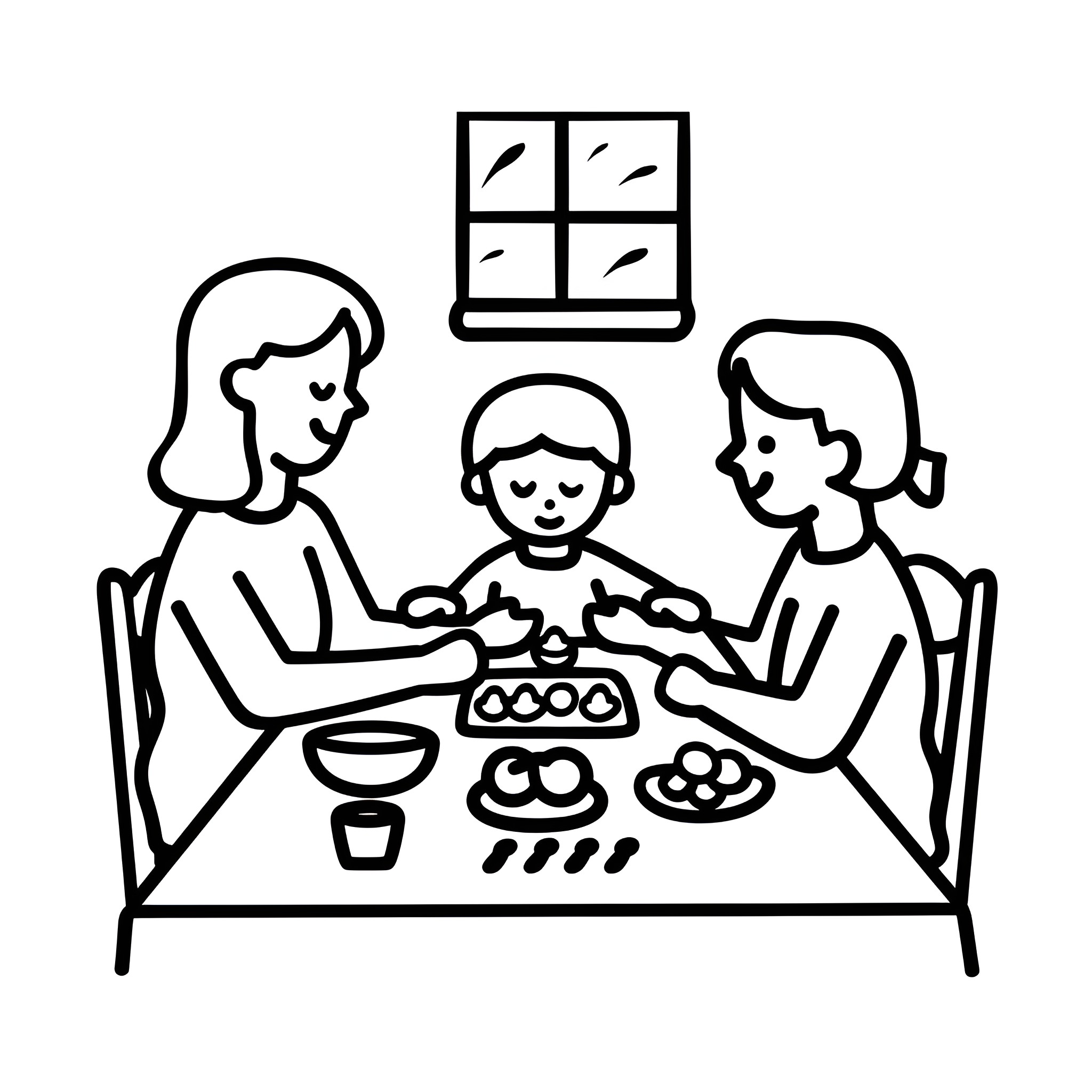 Thanksgiving family gathering around the table Drawing Idea (free black-and-white line drawing printable PDF for all, from beginners to advanced learners, including children, teens, adults, and seniors)