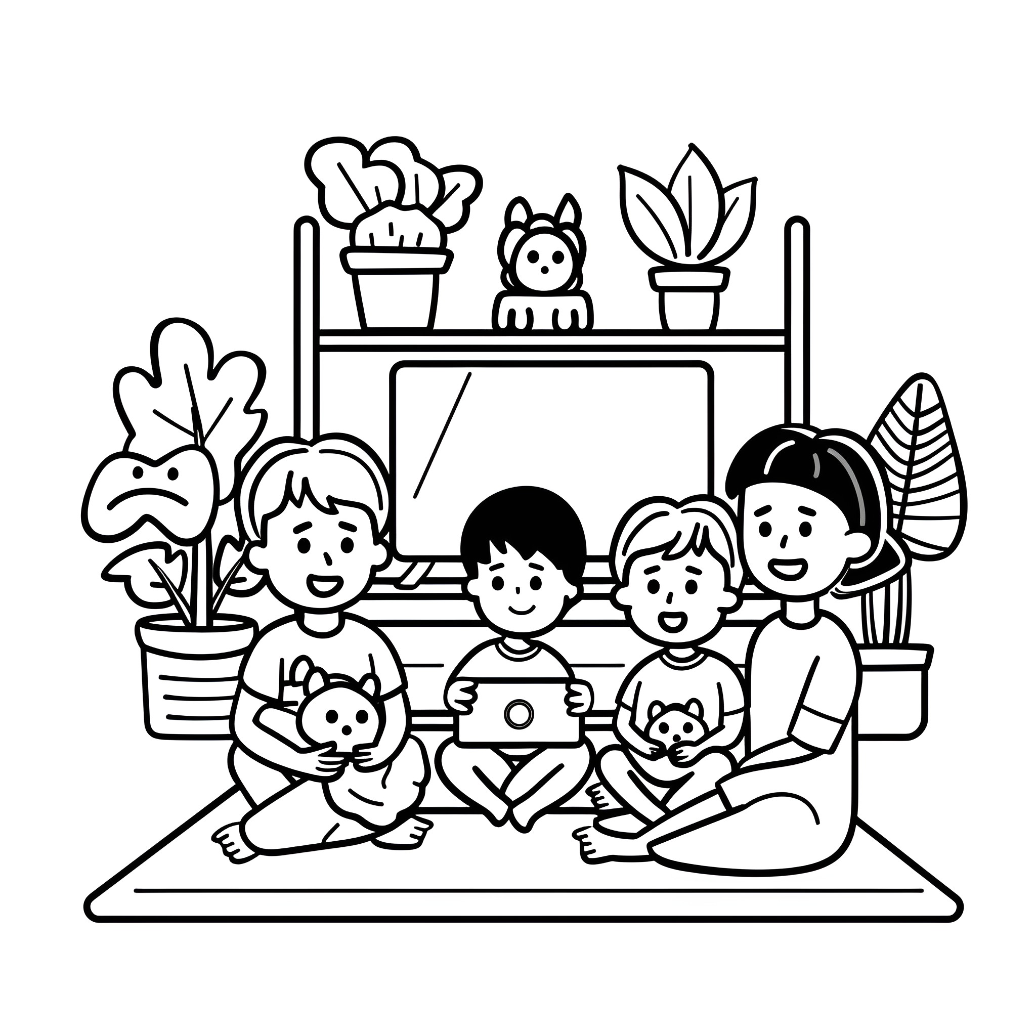 Mother's Day family gathering with plants and pets Drawing Idea (free black-and-white line drawing printable PDF for all, from beginners to advanced learners, including children, teens, adults, and seniors)