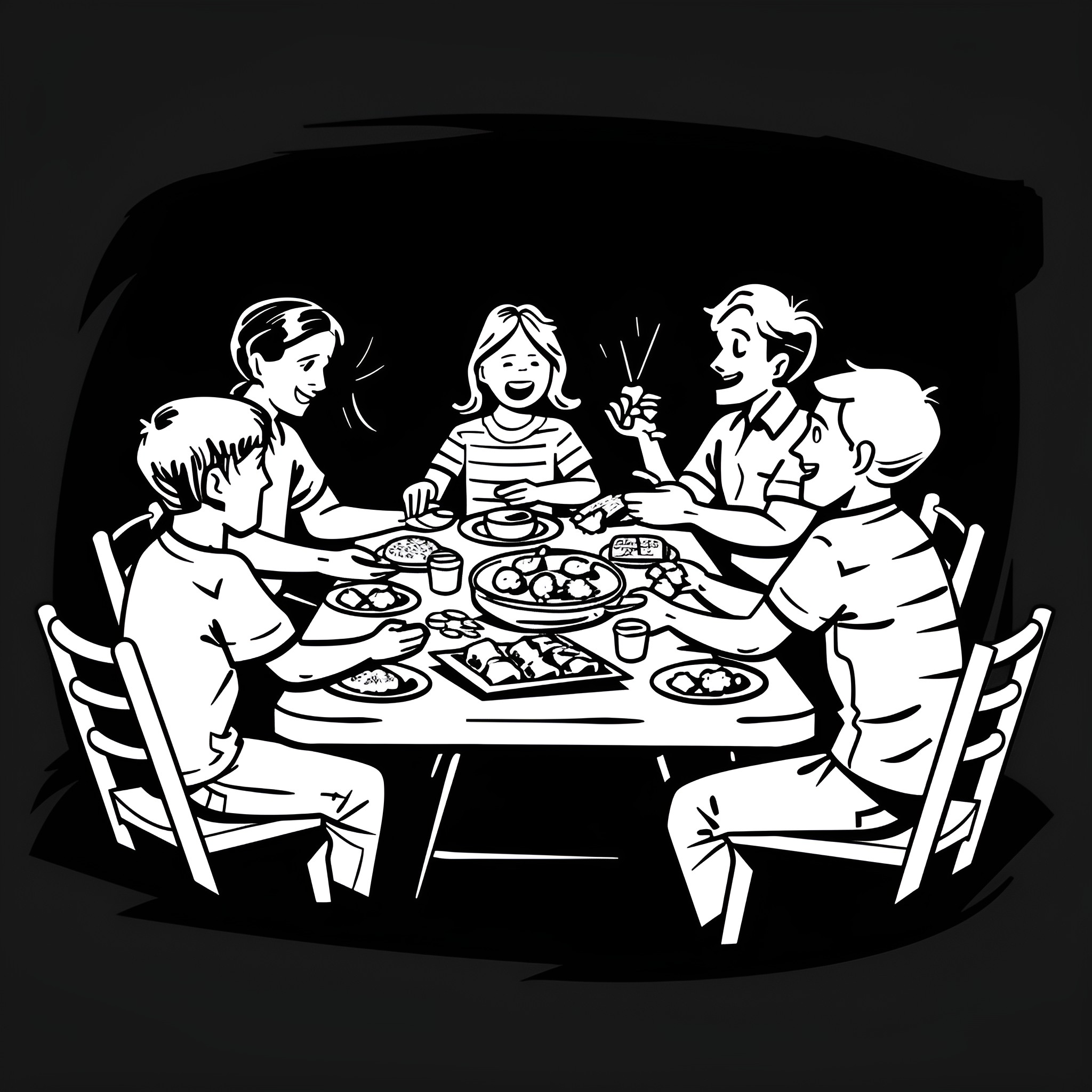 Thanksgiving family gathering and meal Drawing Idea (free black-and-white line drawing printable PDF for all, from beginners to advanced learners, including children, teens, adults, and seniors)