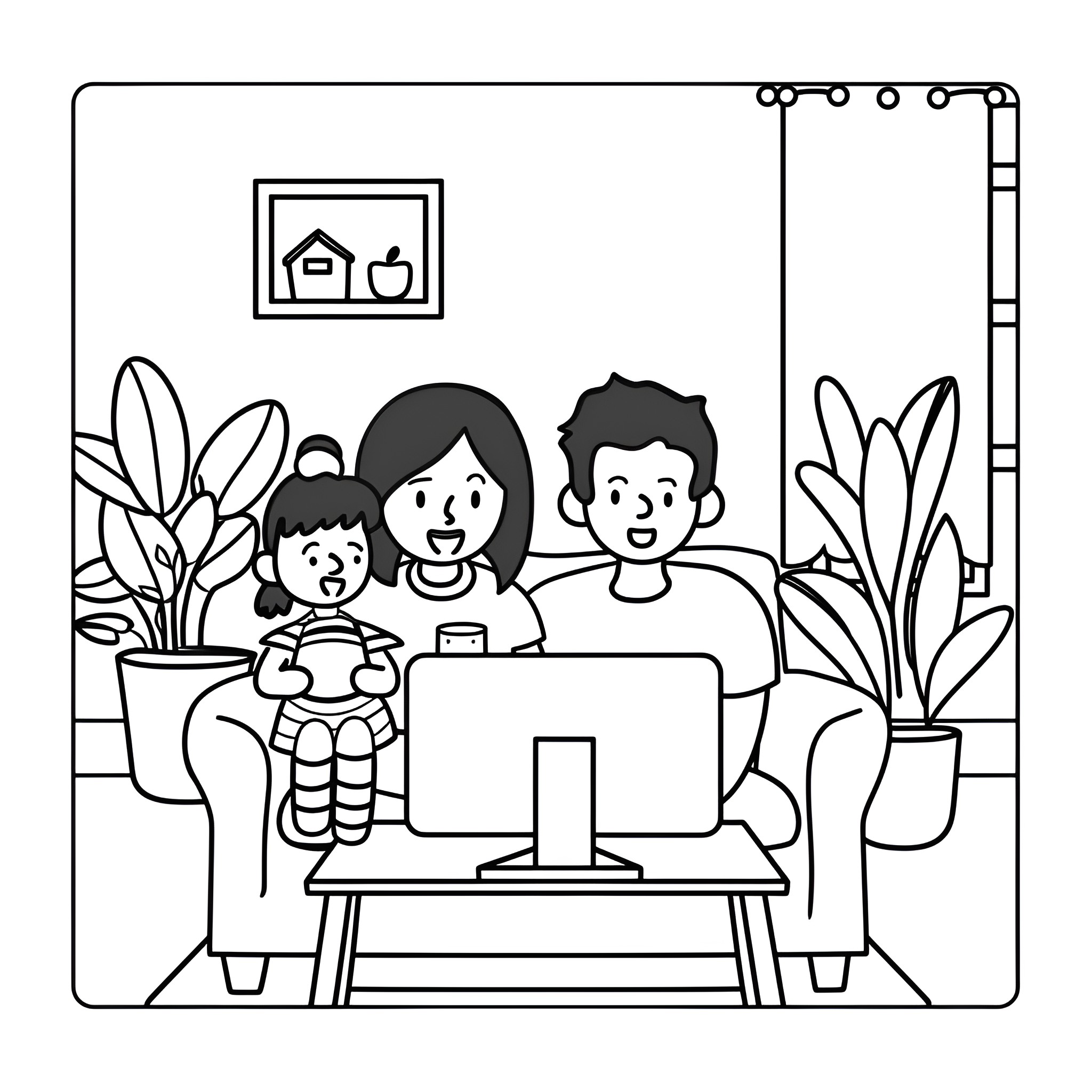 Mother's Day family time at home Drawing Idea (free black-and-white line drawing printable PDF for all, from beginners to advanced learners, including children, teens, adults, and seniors)