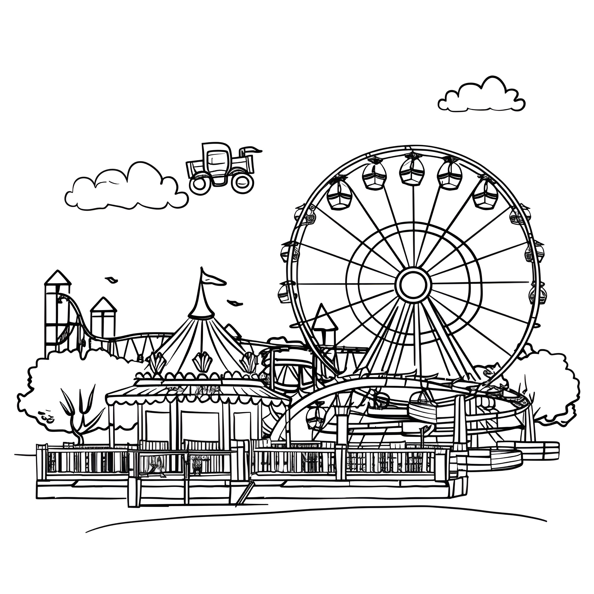 Mother's Day at the Amusement Park Drawing Idea (free black-and-white line drawing printable PDF for all, from beginners to advanced learners, including children, teens, adults, and seniors)