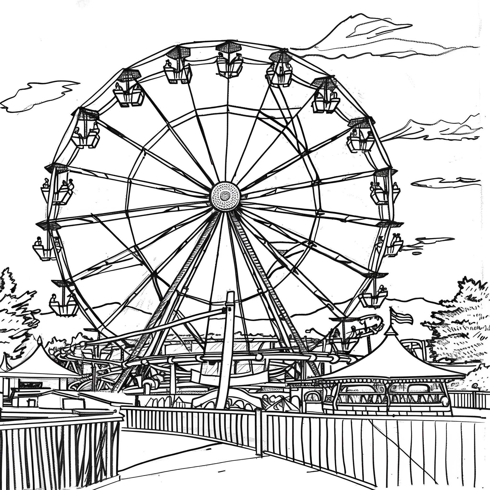 Mother's Day at the Ferris Wheel Carnival Drawing Idea (free black-and-white line drawing printable PDF for all, from beginners to advanced learners, including children, teens, adults, and seniors)