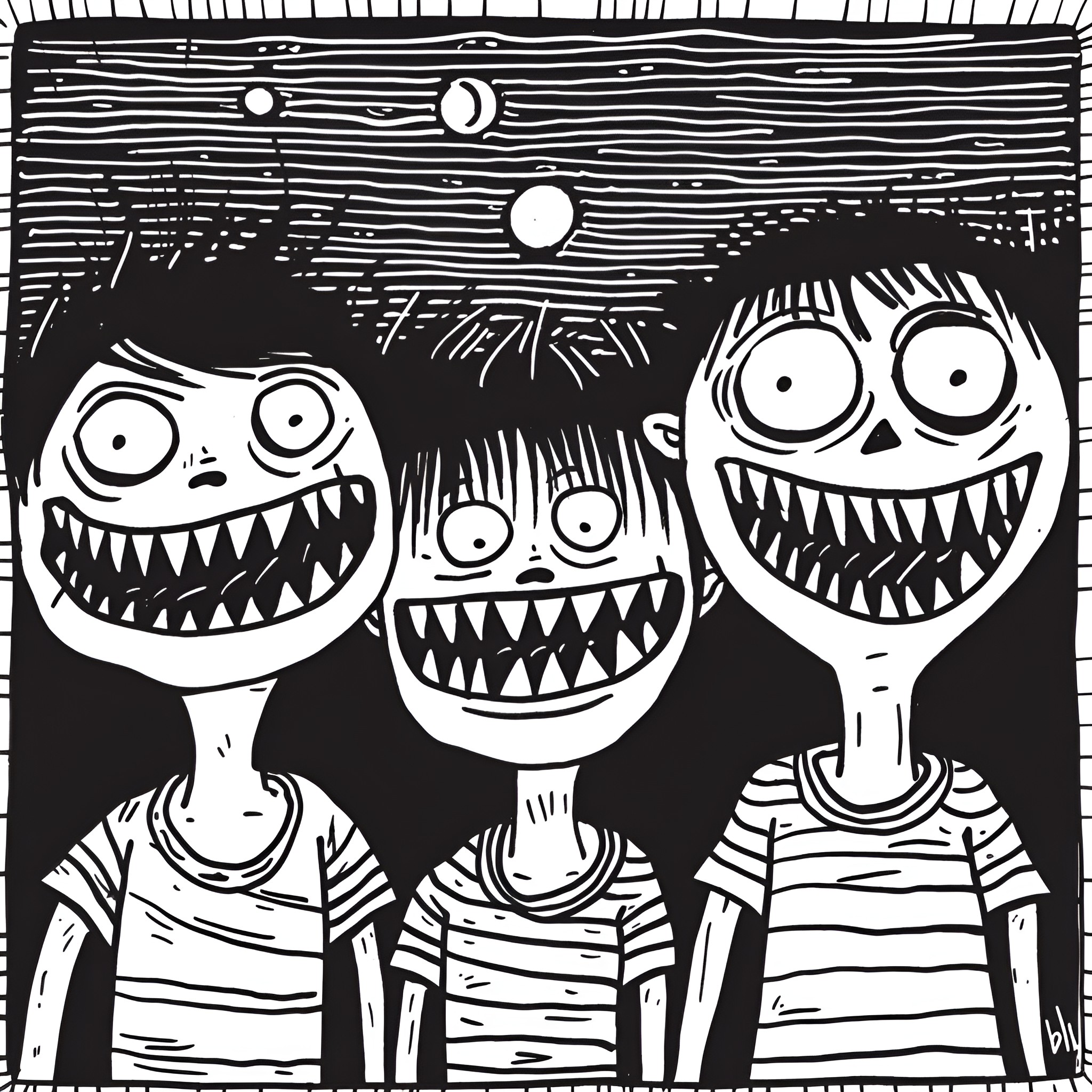 Scary Trio of Monstrous Grinning Figures Drawing Idea (free black-and-white line drawing printable PDF for all, from beginners to advanced learners, including children, teens, adults, and seniors)