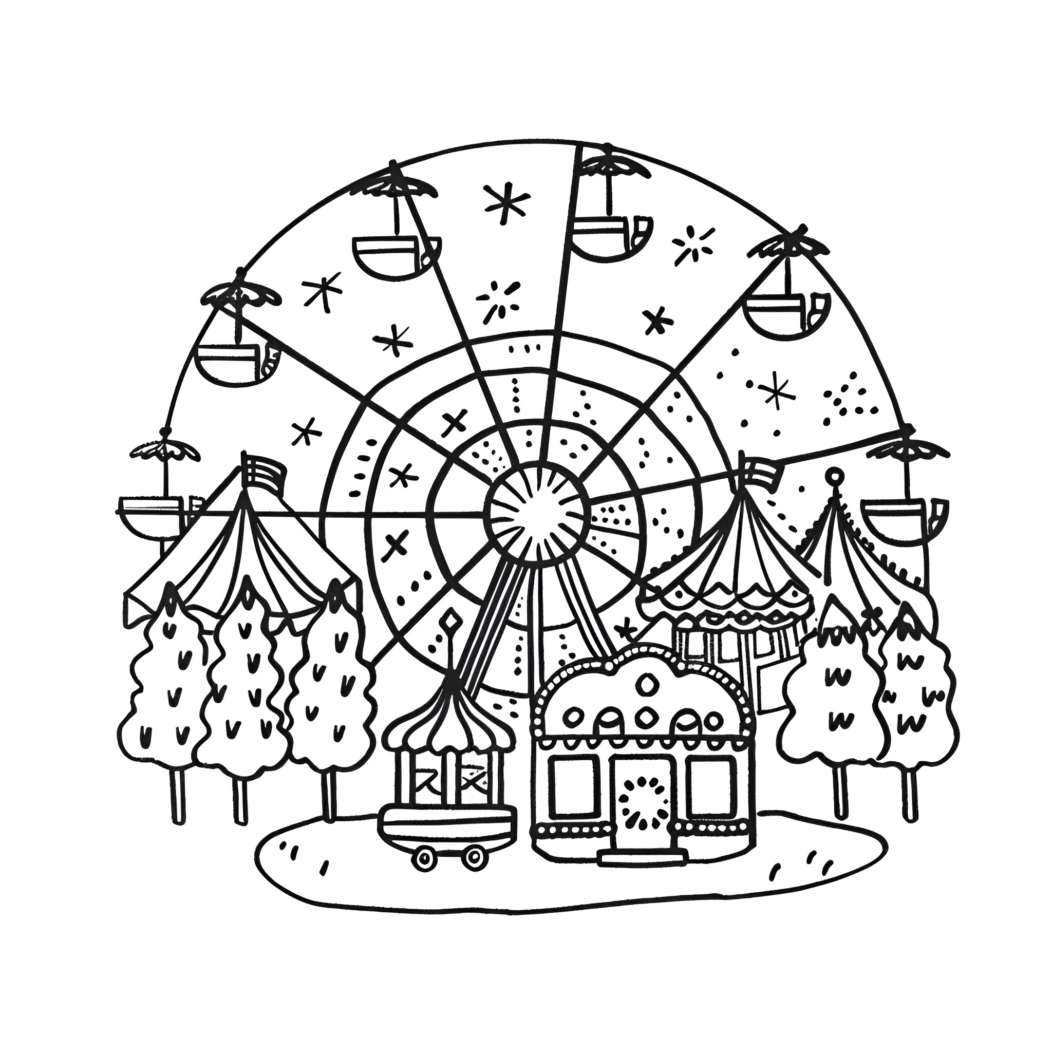 Mother's Day Amusement Park Celebration Drawing Idea (free black-and-white line drawing printable PDF for all, from beginners to advanced learners, including children, teens, adults, and seniors)