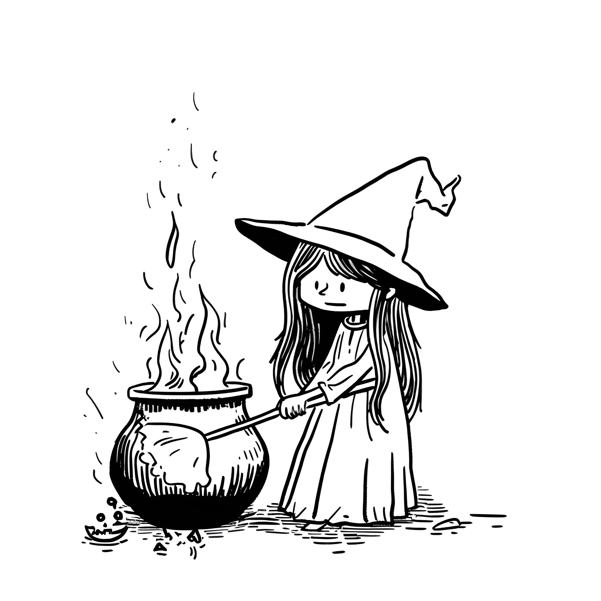 Cute Witch Stirring Cauldron Drawing Idea (free black-and-white line drawing printable PDF for all, from beginners to advanced learners, including children, teens, adults, and seniors)