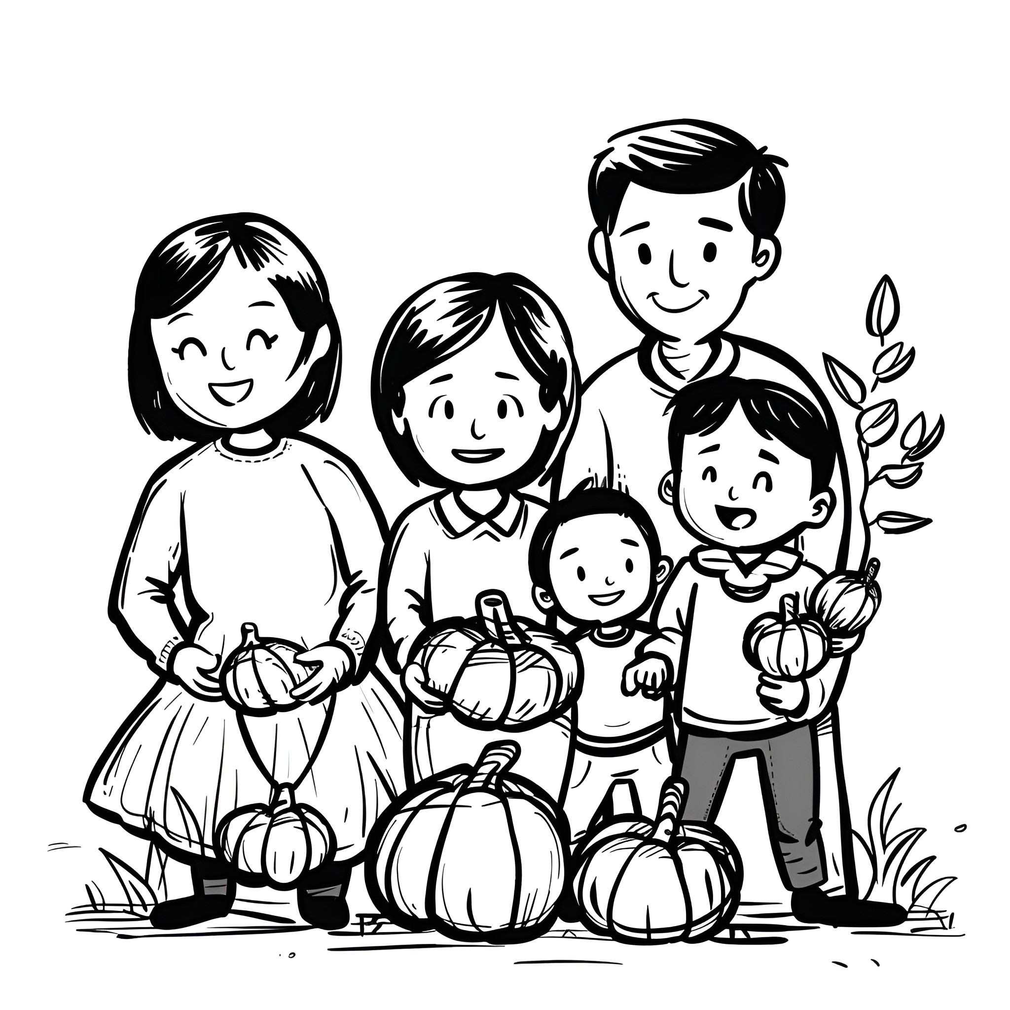 Thanksgiving family portrait with pumpkins Drawing Idea (free black-and-white line drawing printable PDF for all, from beginners to advanced learners, including children, teens, adults, and seniors)