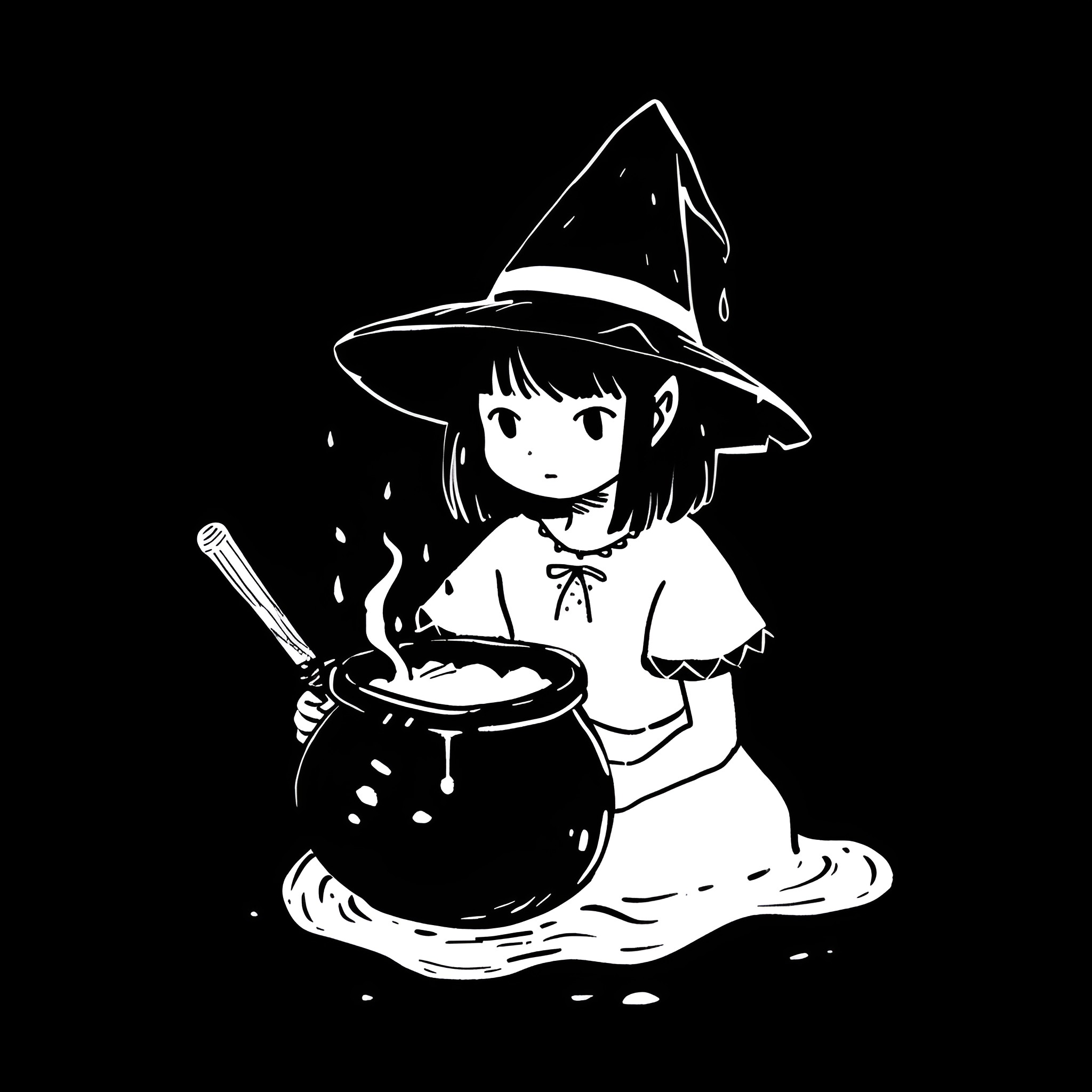 Cute Witch Girl Brewing Potion Drawing Idea (free black-and-white line drawing printable PDF for all, from beginners to advanced learners, including children, teens, adults, and seniors)