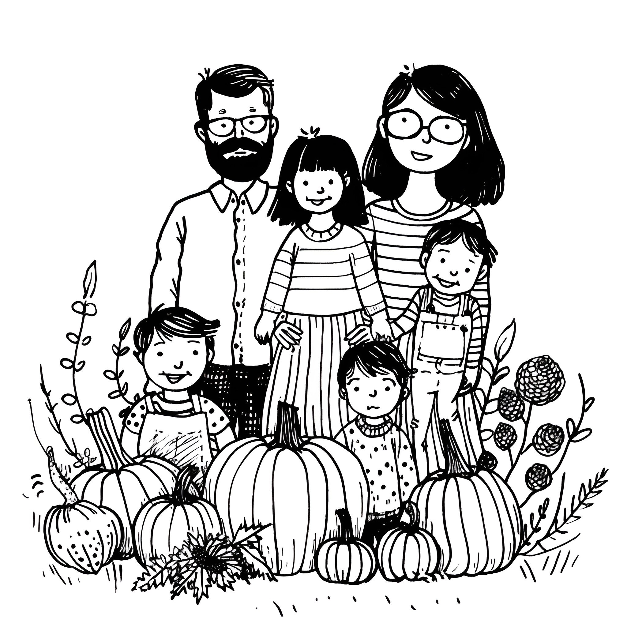 Thanksgiving Family Gathered with Pumpkins Drawing Idea (free black-and-white line drawing printable PDF for all, from beginners to advanced learners, including children, teens, adults, and seniors)