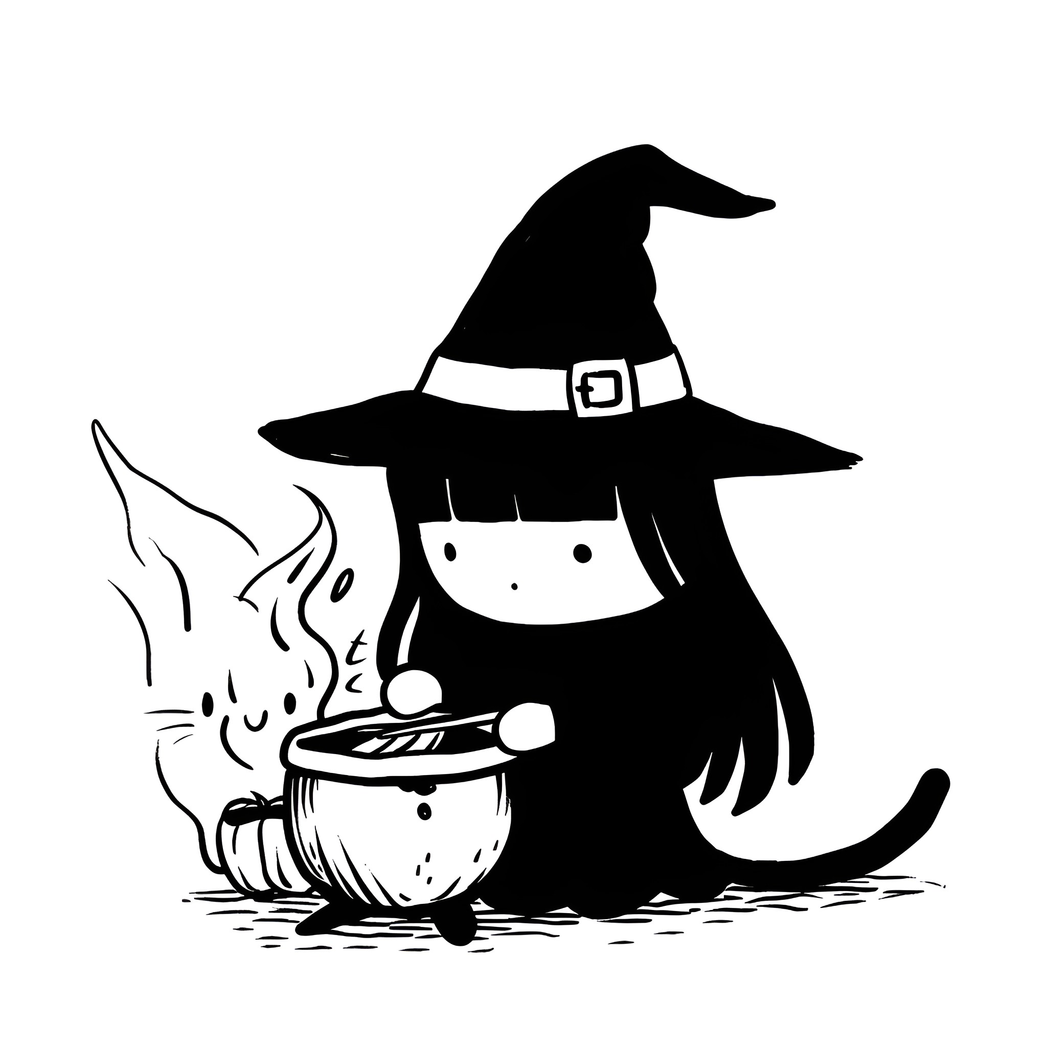 Cute Witch Brewing Potion Drawing Idea (free black-and-white line drawing printable PDF for all, from beginners to advanced learners, including children, teens, adults, and seniors)