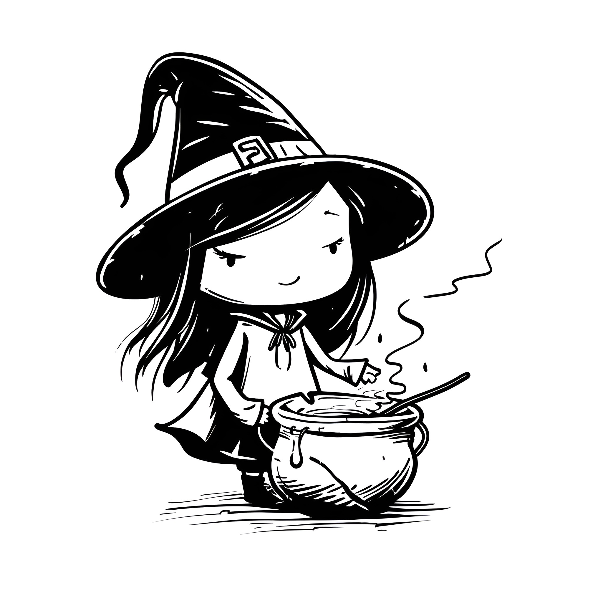 Cute Witch's Cauldron Bubbling Drawing Idea (free black-and-white line drawing printable PDF for all, from beginners to advanced learners, including children, teens, adults, and seniors)