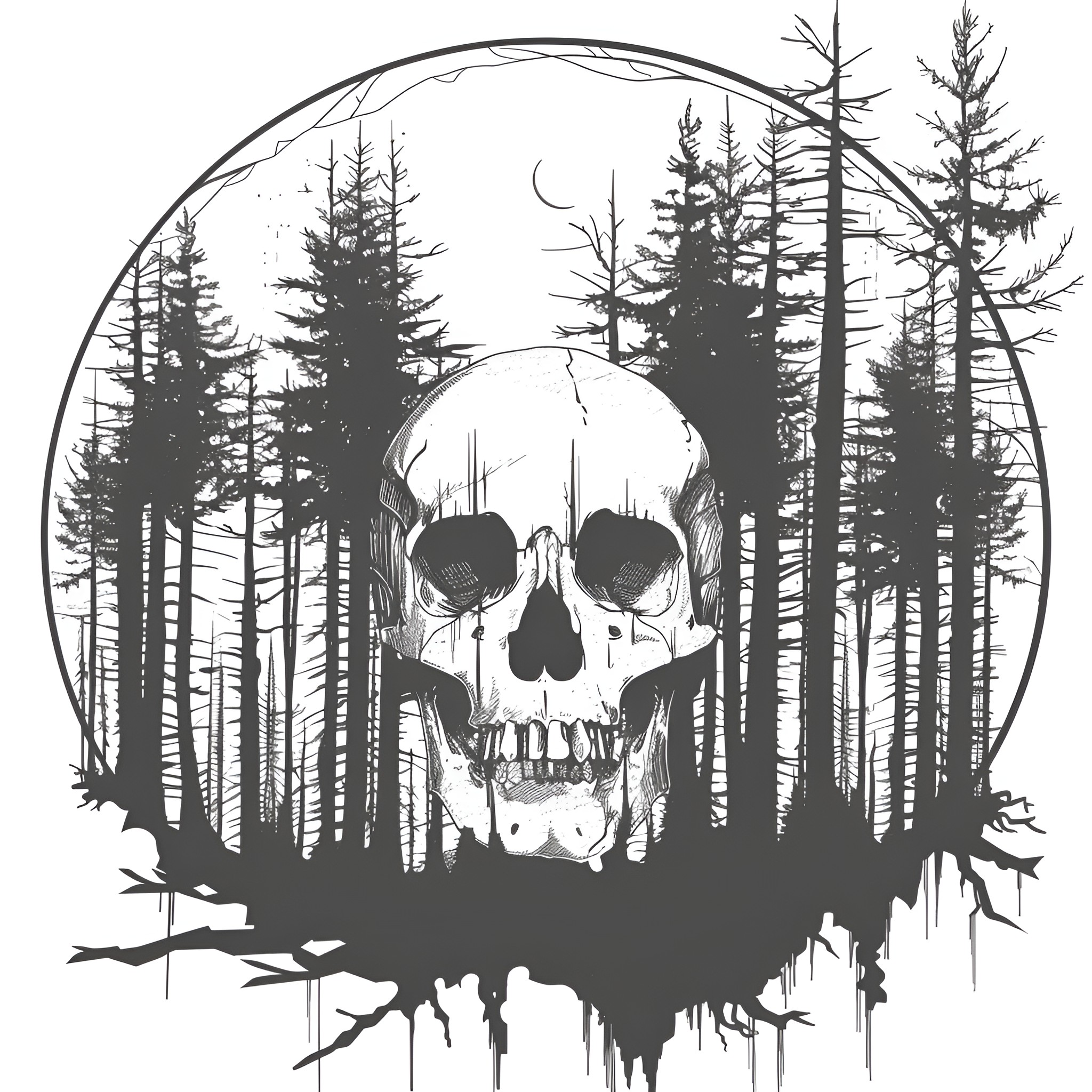 Skull haunting eerie forest scene Drawing Idea (free black-and-white line drawing printable PDF for all, from beginners to advanced learners, including children, teens, adults, and seniors)