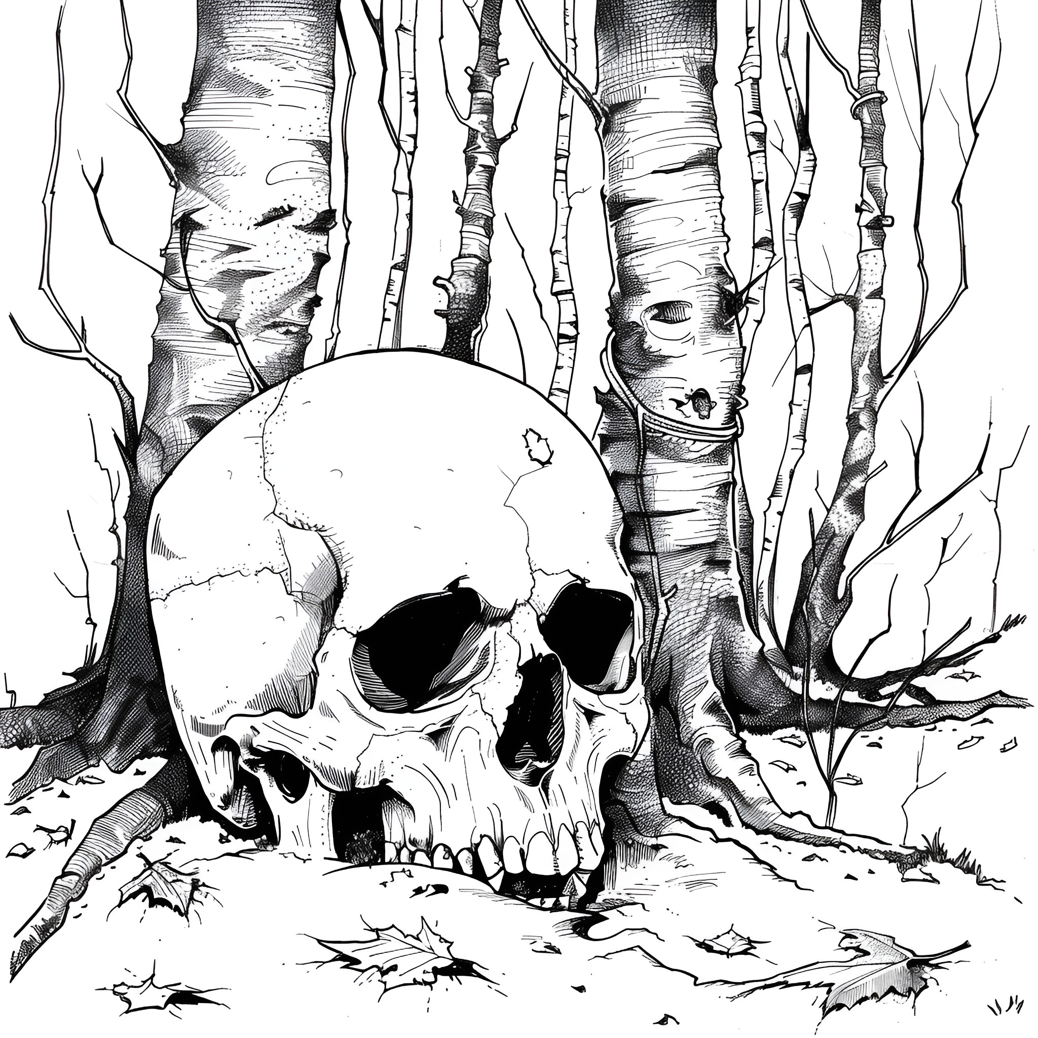 Skull in a Haunting Forest Scene Drawing Idea (free black-and-white line drawing printable PDF for all, from beginners to advanced learners, including children, teens, adults, and seniors)