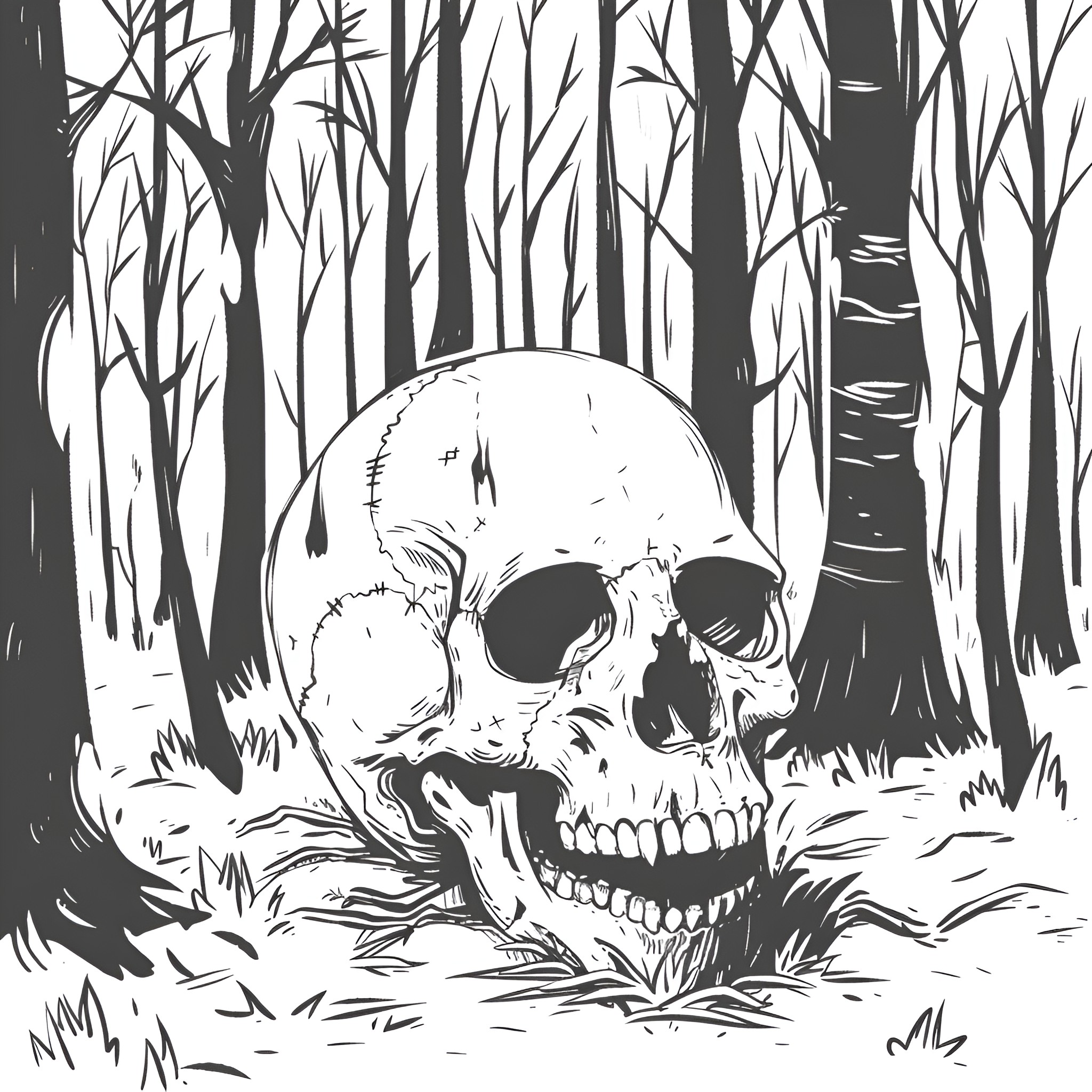 Skull in Eerie Forest Drawing Idea (free black-and-white line drawing printable PDF for all, from beginners to advanced learners, including children, teens, adults, and seniors)