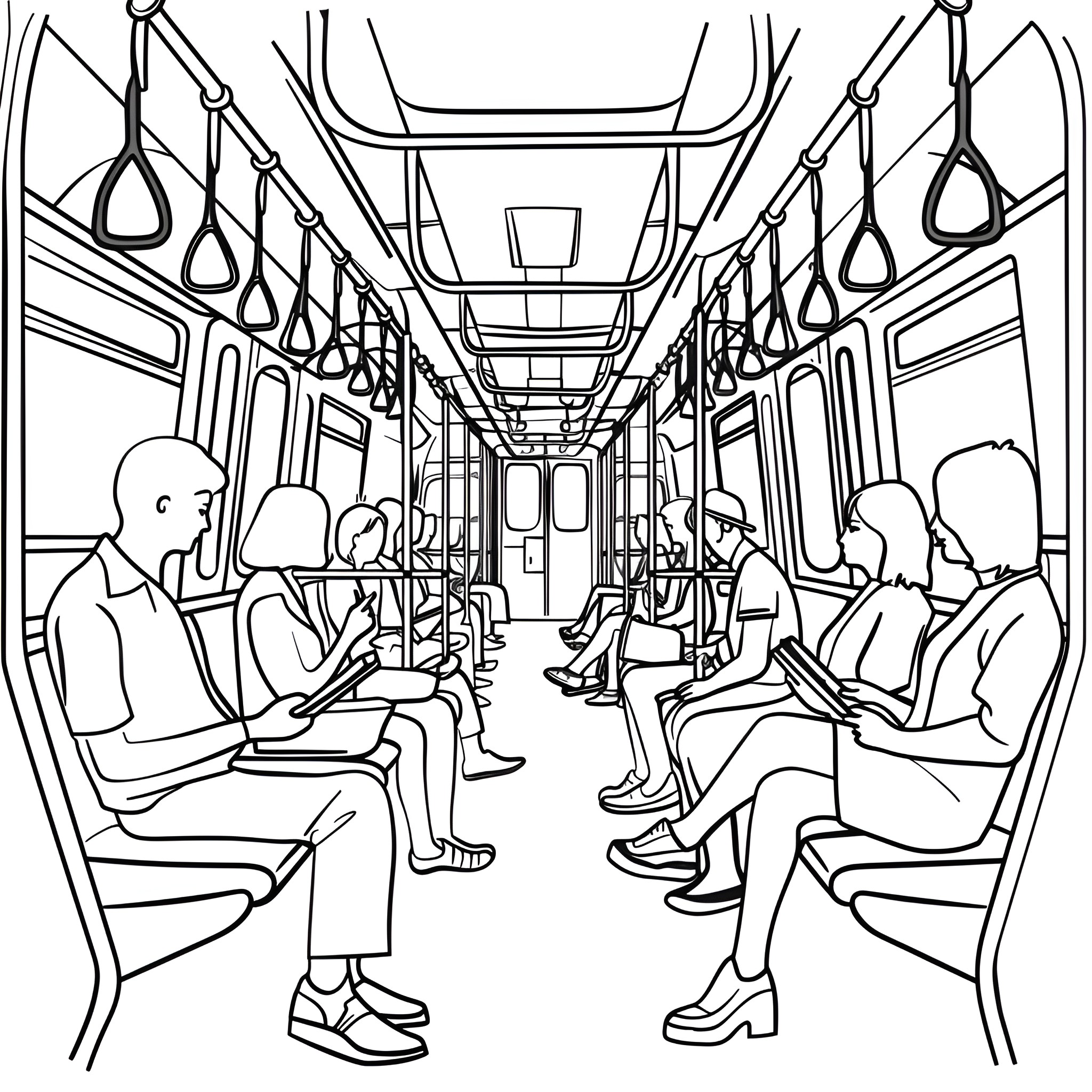 People Riding Public Transportation Drawing Idea (free black-and-white line drawing printable PDF for all, from beginners to advanced learners, including children, teens, adults, and seniors)