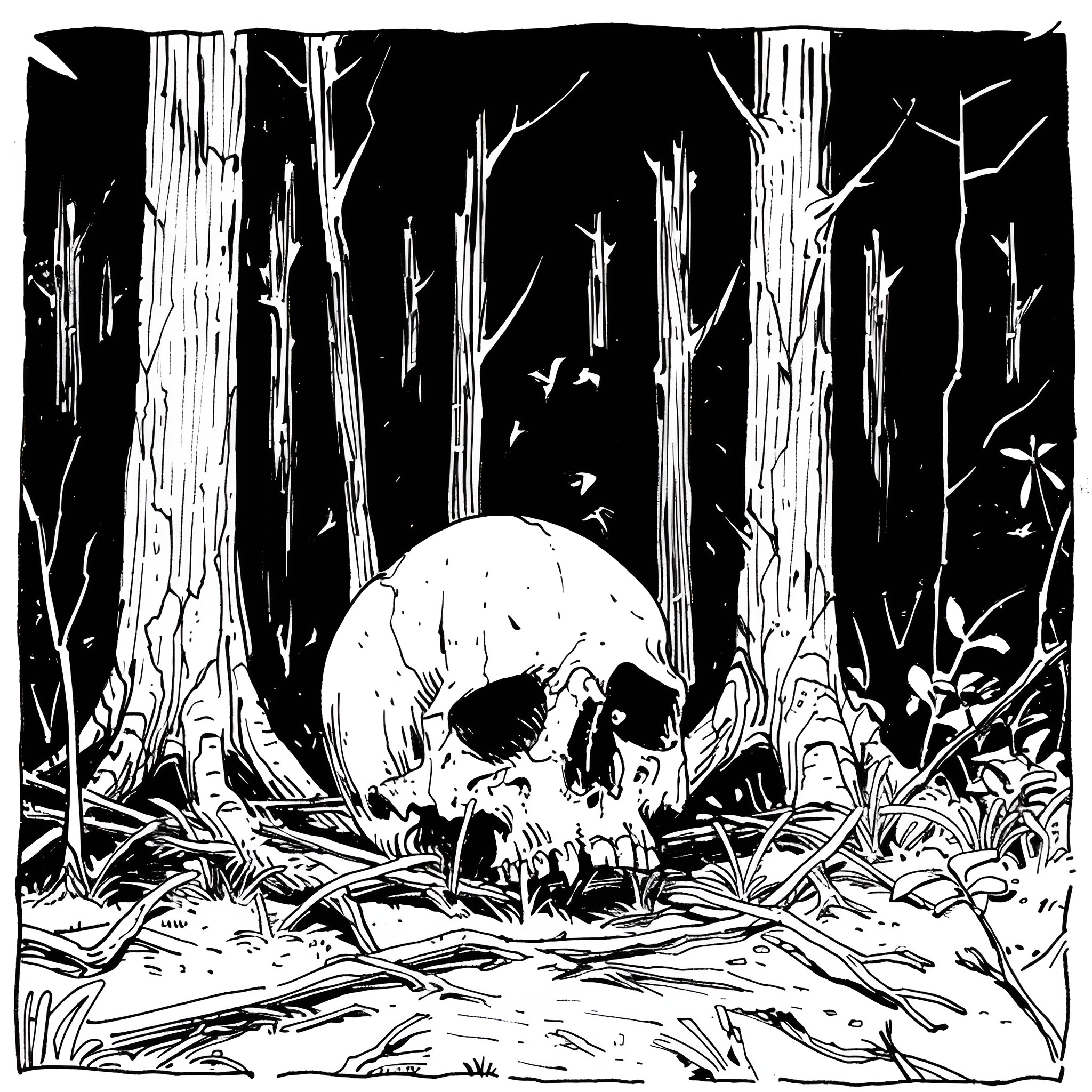 Skull in the Eerie Forest Drawing Idea (free black-and-white line drawing printable PDF for all, from beginners to advanced learners, including children, teens, adults, and seniors)