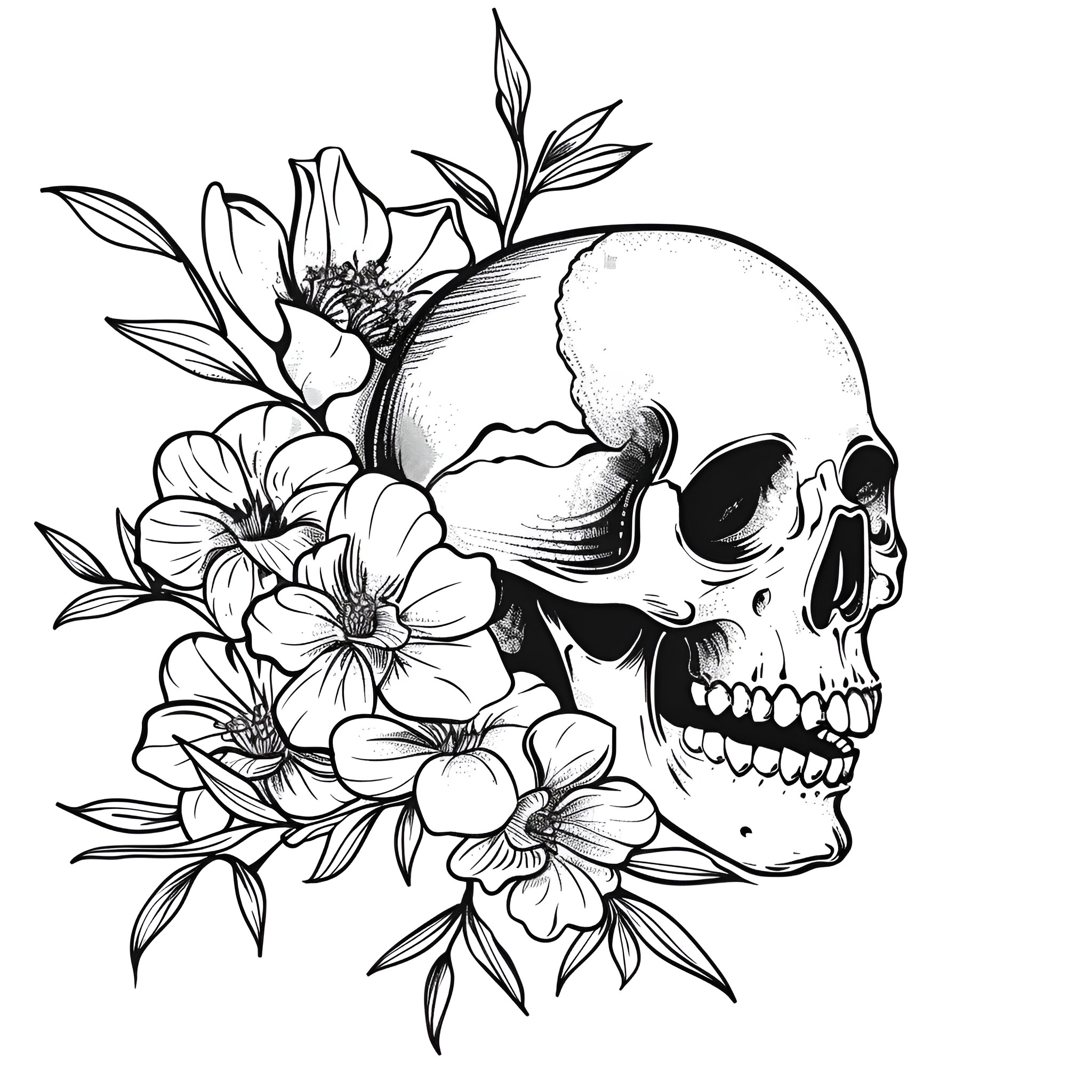 Skull with Floral Embellishments Drawing Idea (free black-and-white line drawing printable PDF for all, from beginners to advanced learners, including children, teens, adults, and seniors)