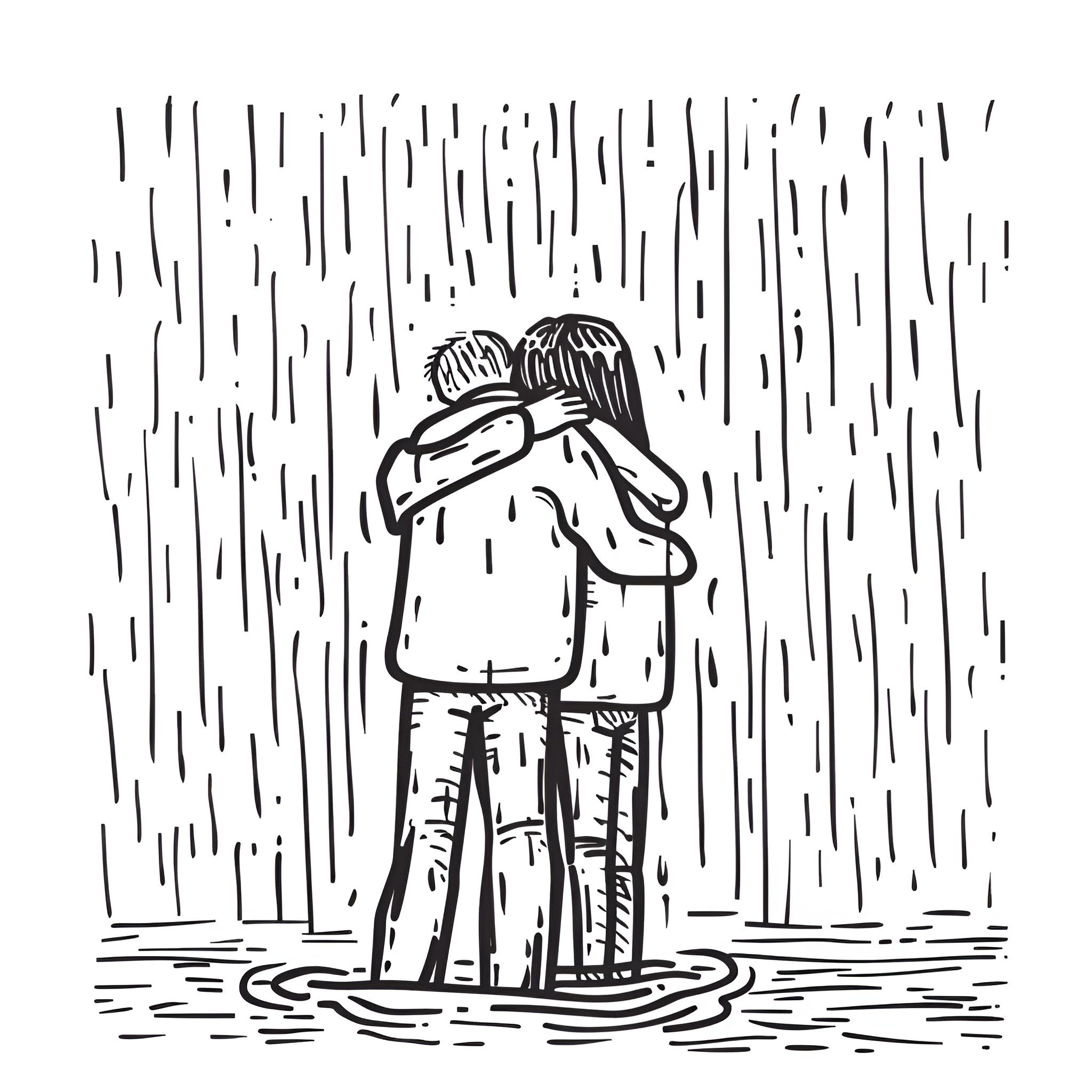 People embracing in the rain Drawing Idea (free black-and-white line drawing printable PDF for all, from beginners to advanced learners, including children, teens, adults, and seniors)