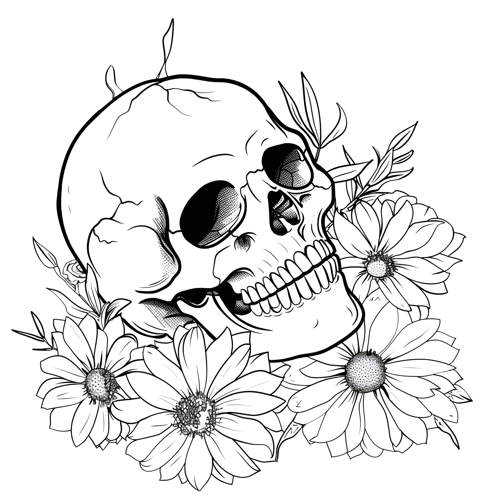 Skull surrounded by floral elements Drawing Idea (free black-and-white line drawing printable PDF for all, from beginners to advanced learners, including children, teens, adults, and seniors)