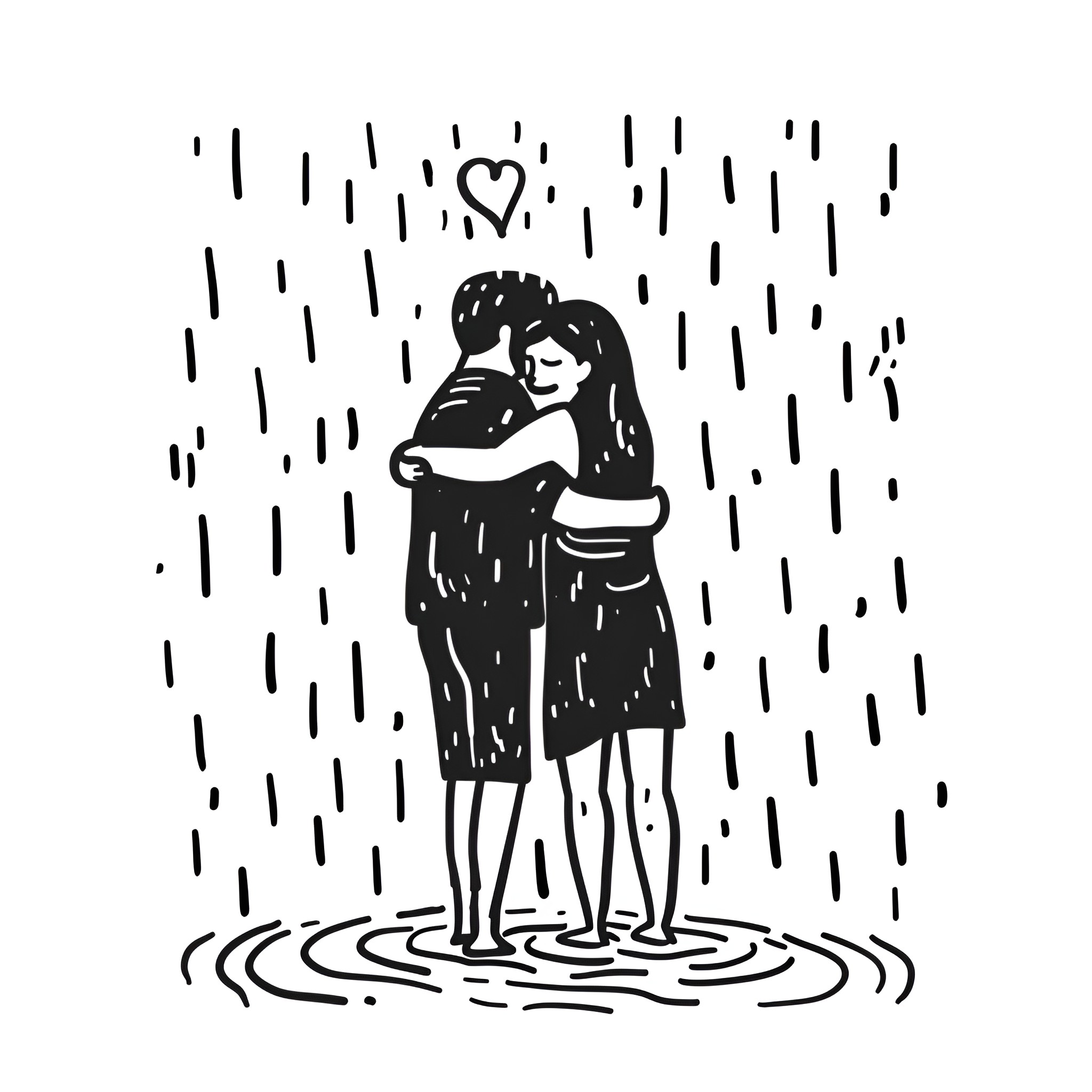 People embracing in rainy weather Drawing Idea (free black-and-white line drawing printable PDF for all, from beginners to advanced learners, including children, teens, adults, and seniors)