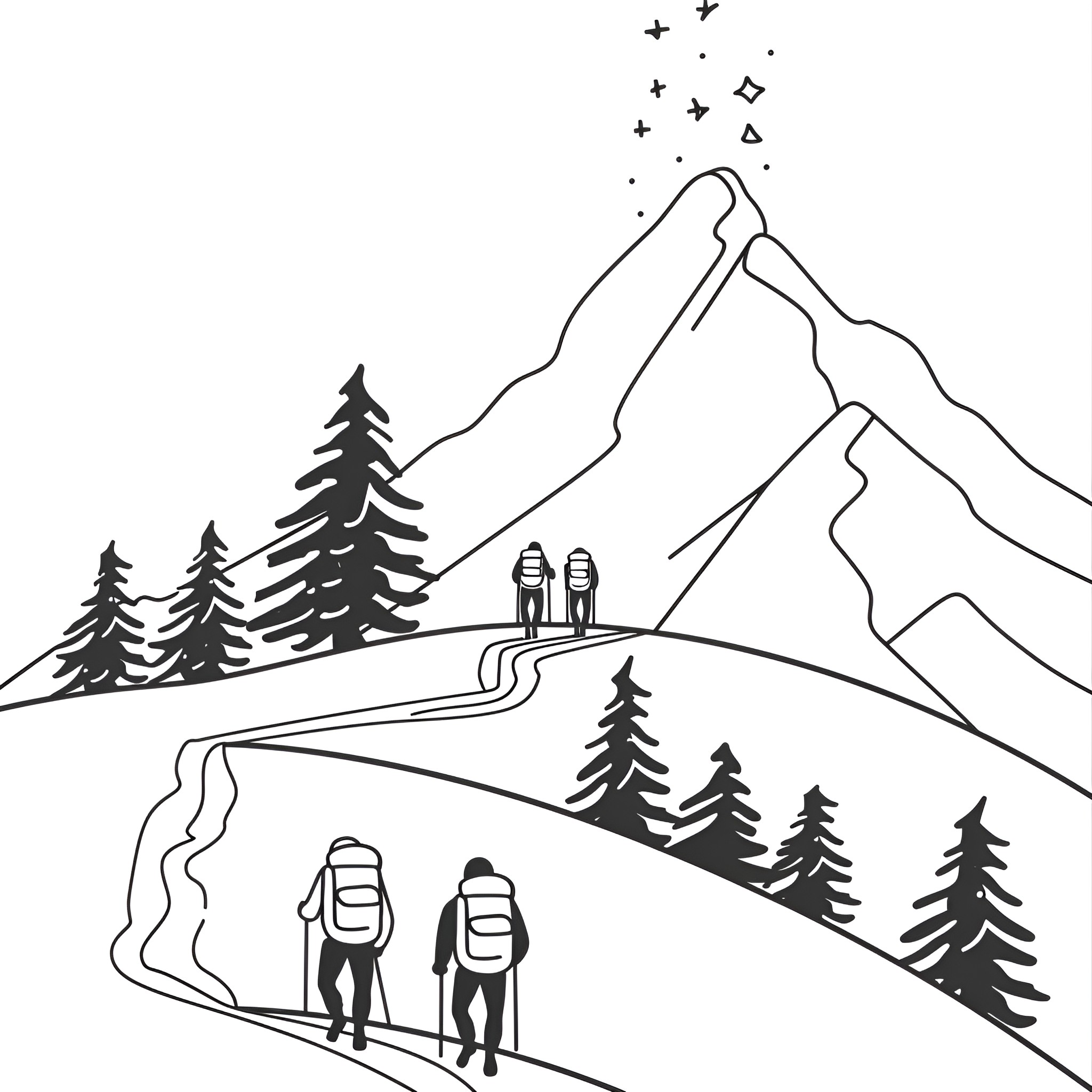 People hiking in mountain landscape Drawing Idea (free black-and-white line drawing printable PDF for all, from beginners to advanced learners, including children, teens, adults, and seniors)