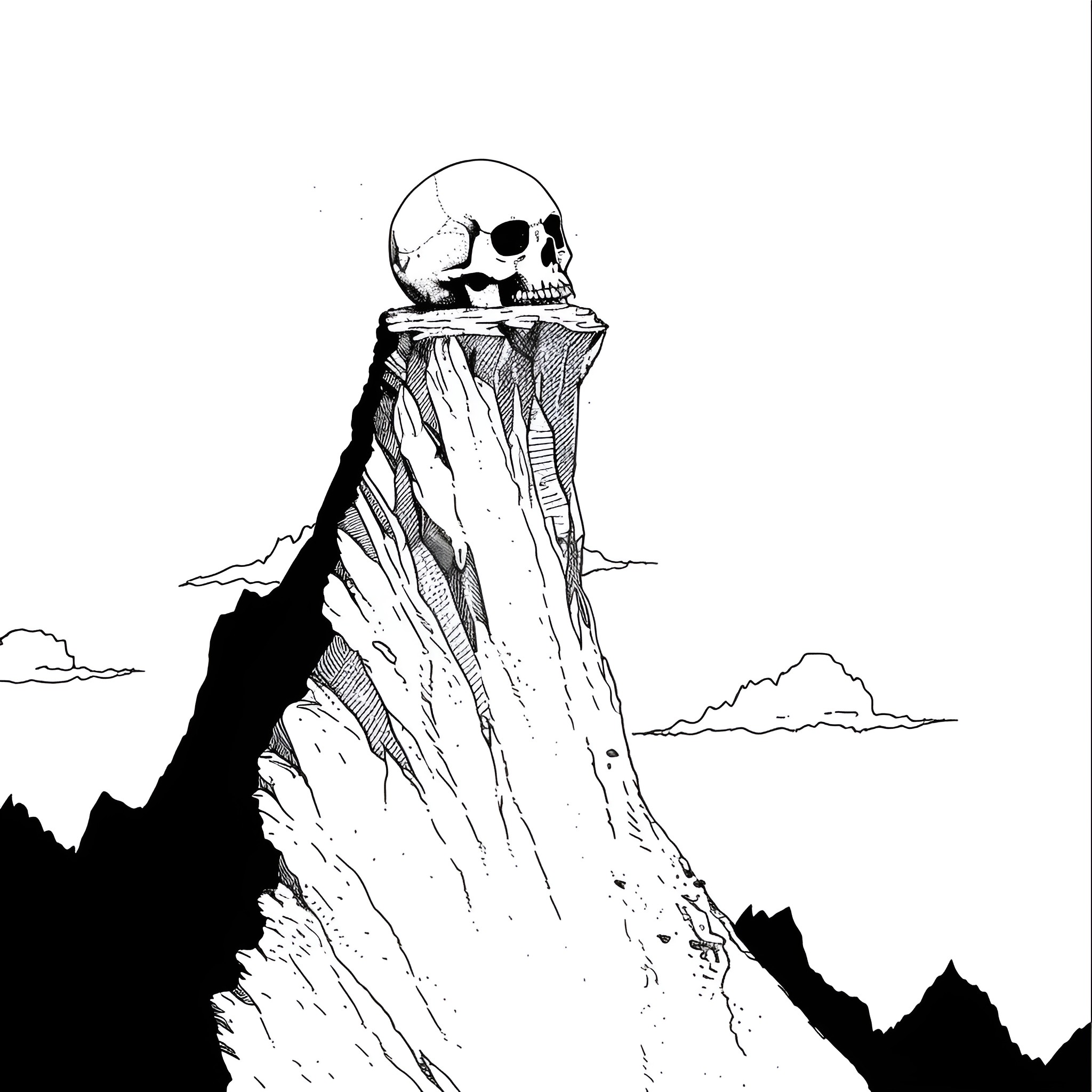 Skull perched atop a towering cliff Drawing Idea (free black-and-white line drawing printable PDF for all, from beginners to advanced learners, including children, teens, adults, and seniors)