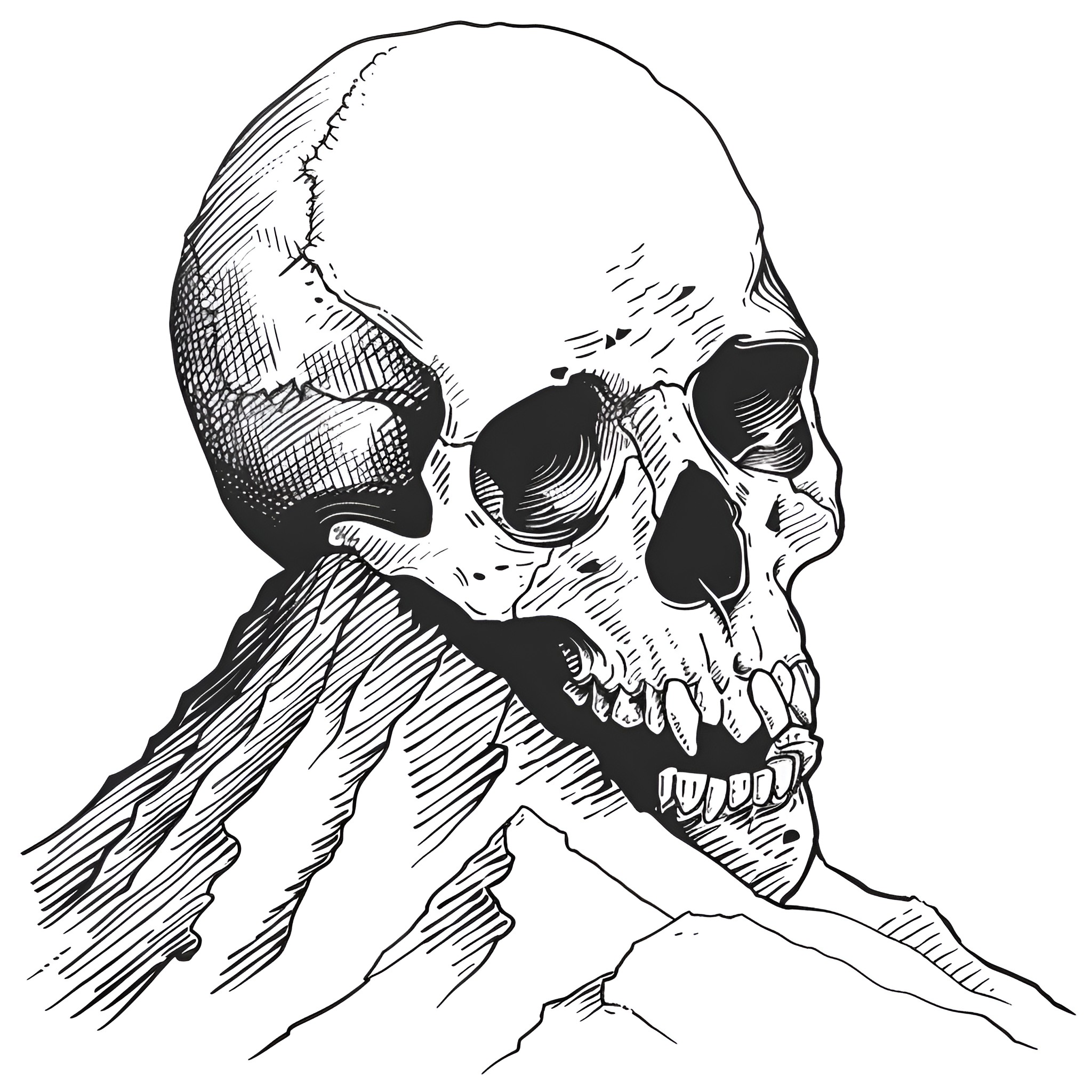 Skull in Anguished Expression Drawing Idea (free black-and-white line drawing printable PDF for all, from beginners to advanced learners, including children, teens, adults, and seniors)
