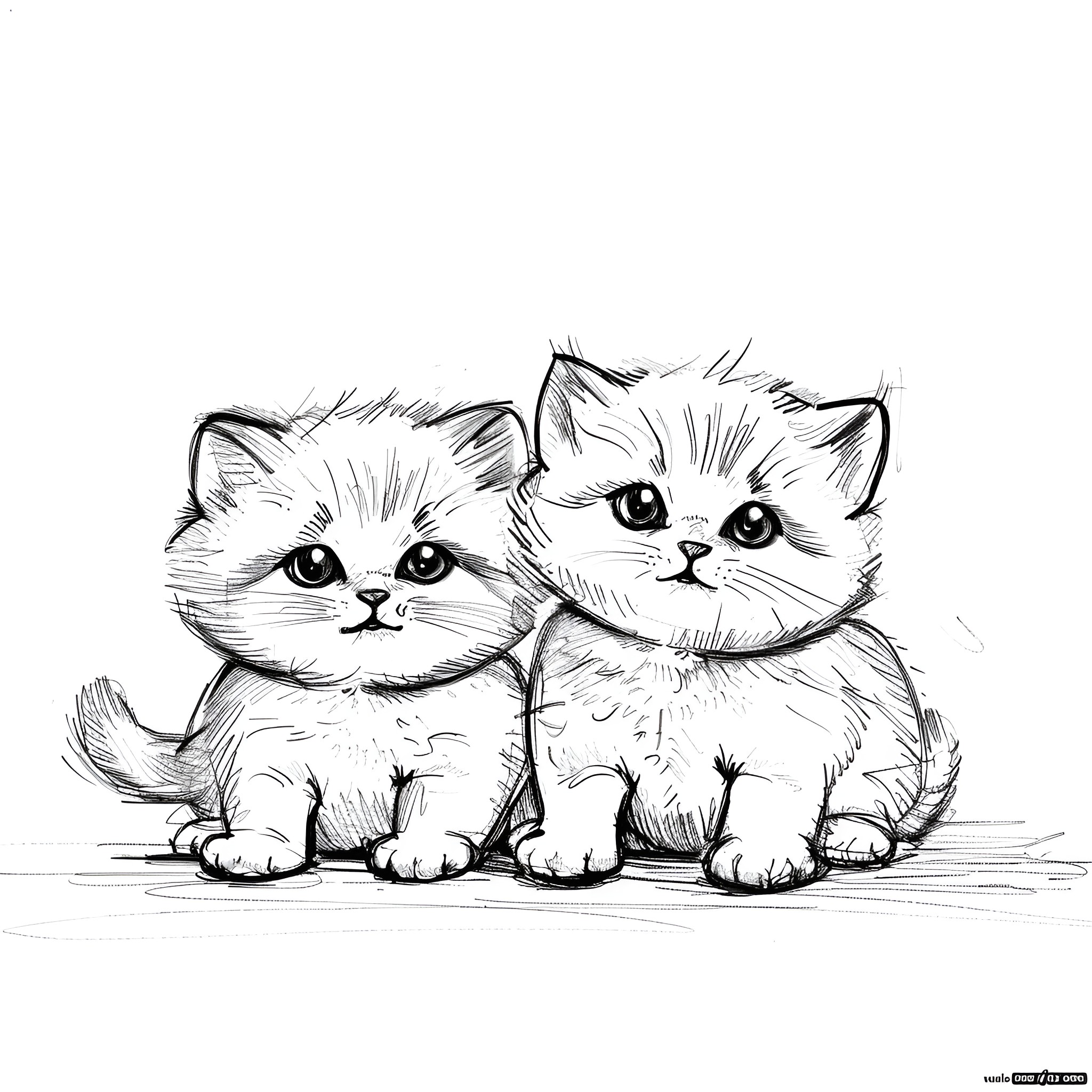 Pencil Sketch of Playful Kittens Drawing Idea (free black-and-white line drawing printable PDF for all, from beginners to advanced learners, including children, teens, adults, and seniors)