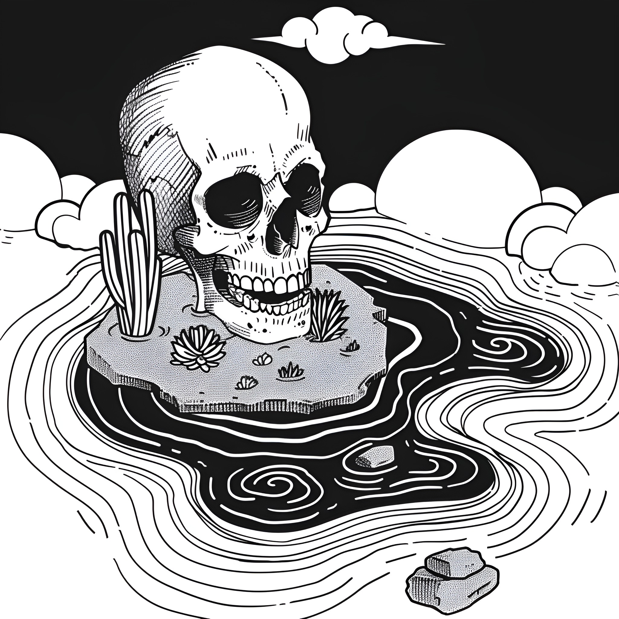 Skull floating in psychedelic landscape Drawing Idea (free black-and-white line drawing printable PDF for all, from beginners to advanced learners, including children, teens, adults, and seniors)