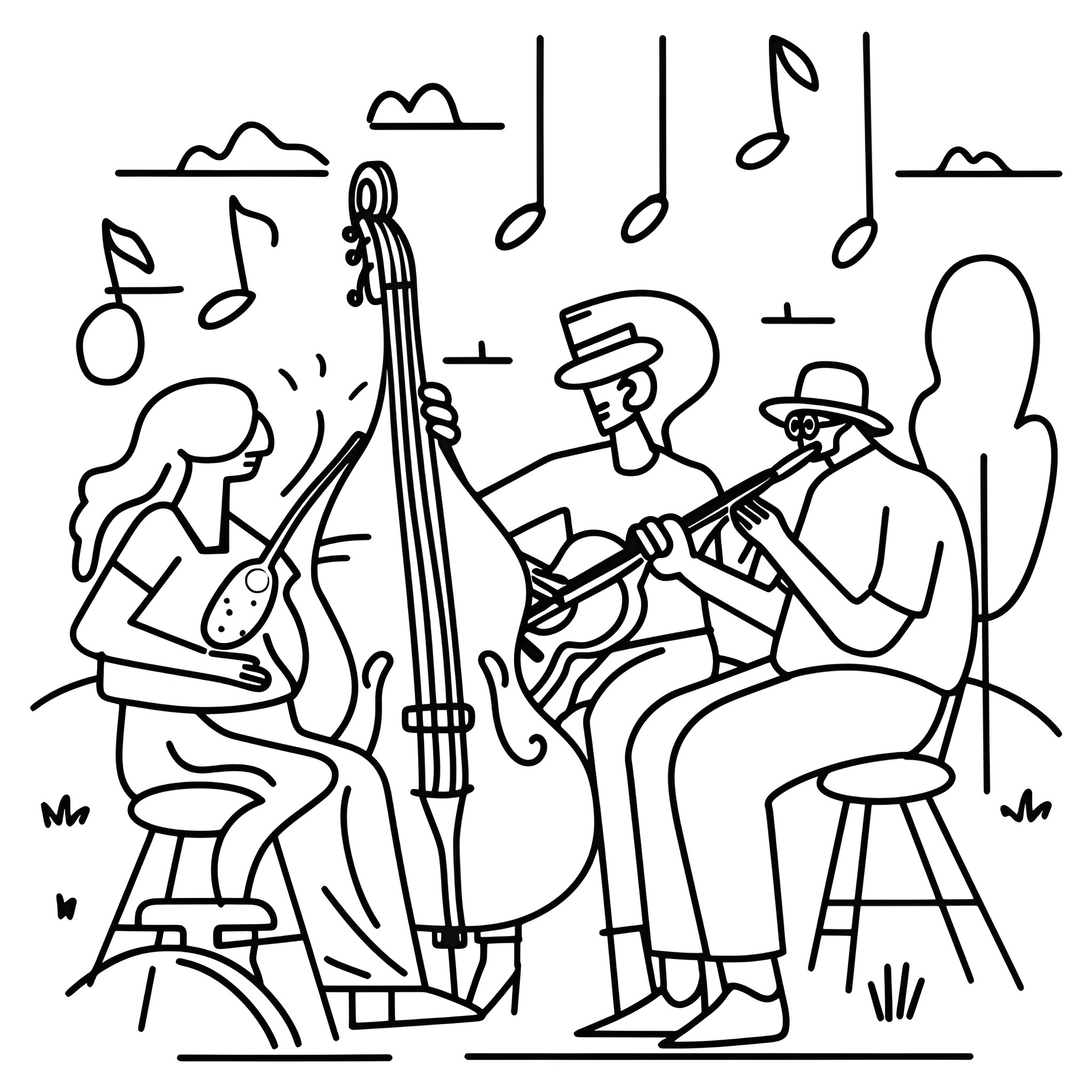 People performing musical instruments outdoors Drawing Idea (free black-and-white line drawing printable PDF for all, from beginners to advanced learners, including children, teens, adults, and seniors)