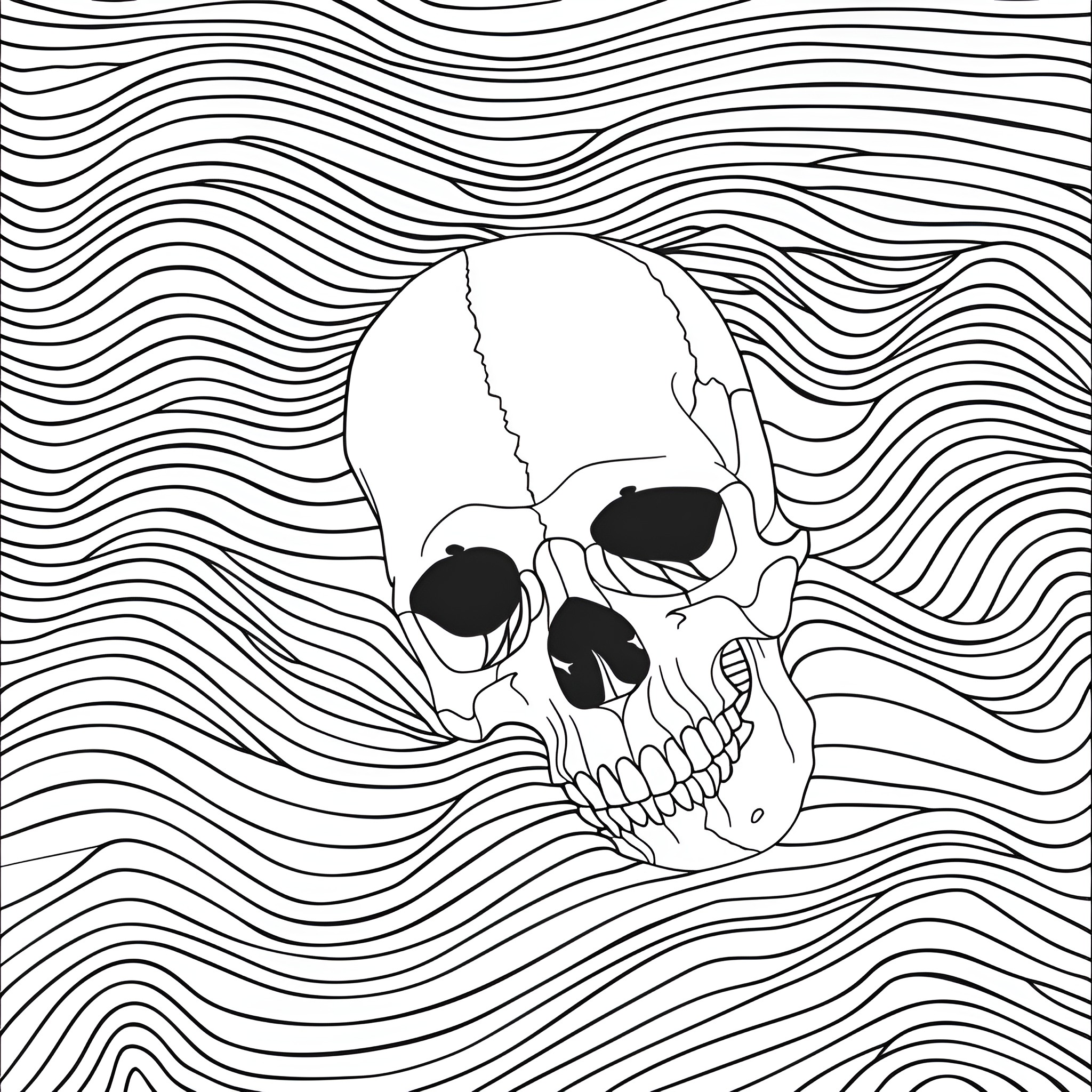 Skull against swirling abstract pattern Drawing Idea (free black-and-white line drawing printable PDF for all, from beginners to advanced learners, including children, teens, adults, and seniors)