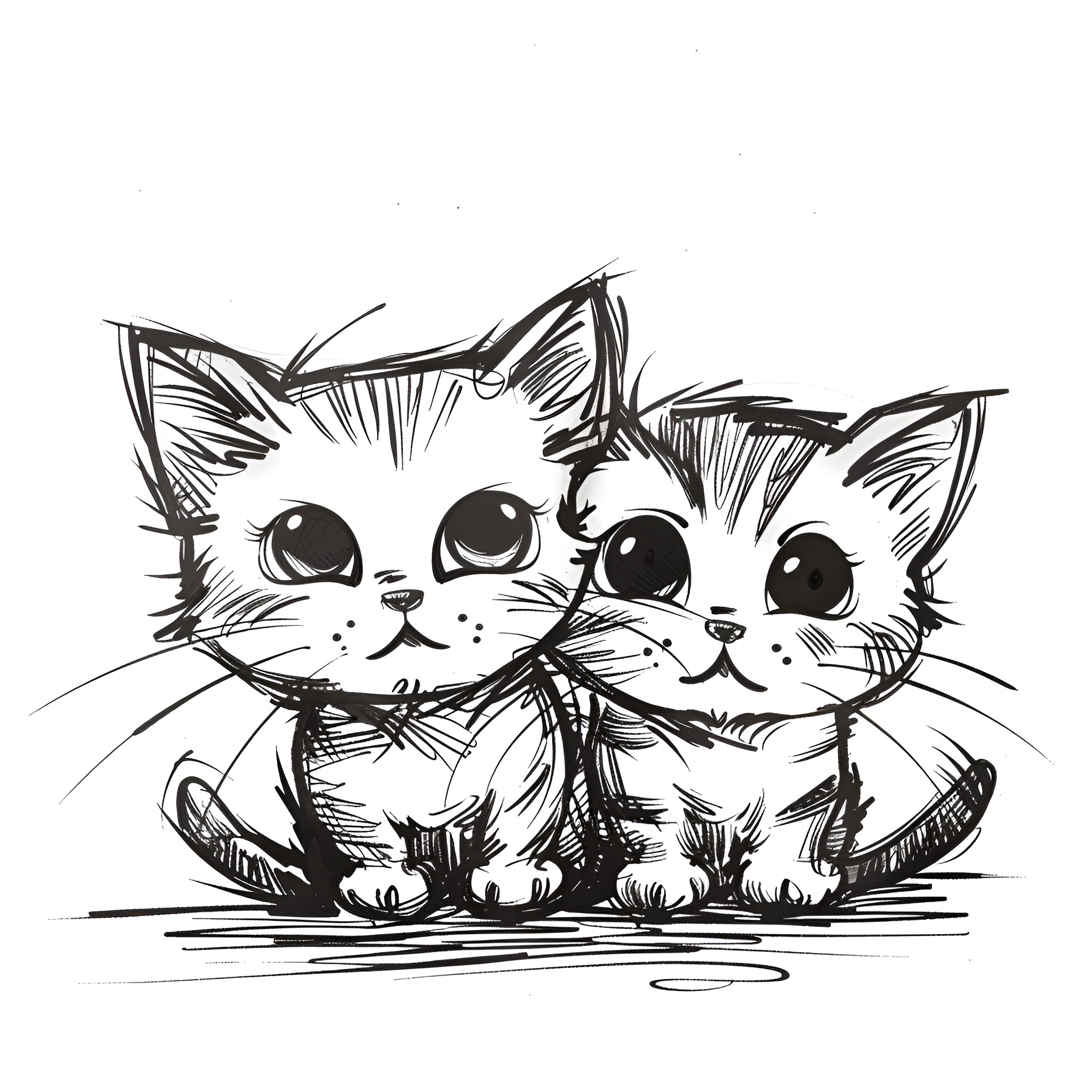 Pencil Sketch of Playful Kittens Drawing Idea (free black-and-white line drawing printable PDF for all, from beginners to advanced learners, including children, teens, adults, and seniors)