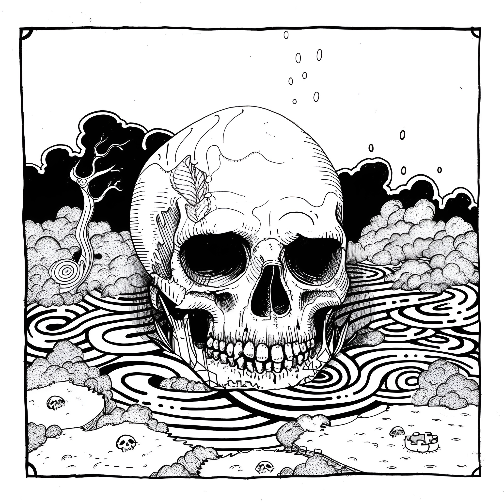 Skull emerging from psychedelic landscape Drawing Idea (free black-and-white line drawing printable PDF for all, from beginners to advanced learners, including children, teens, adults, and seniors)