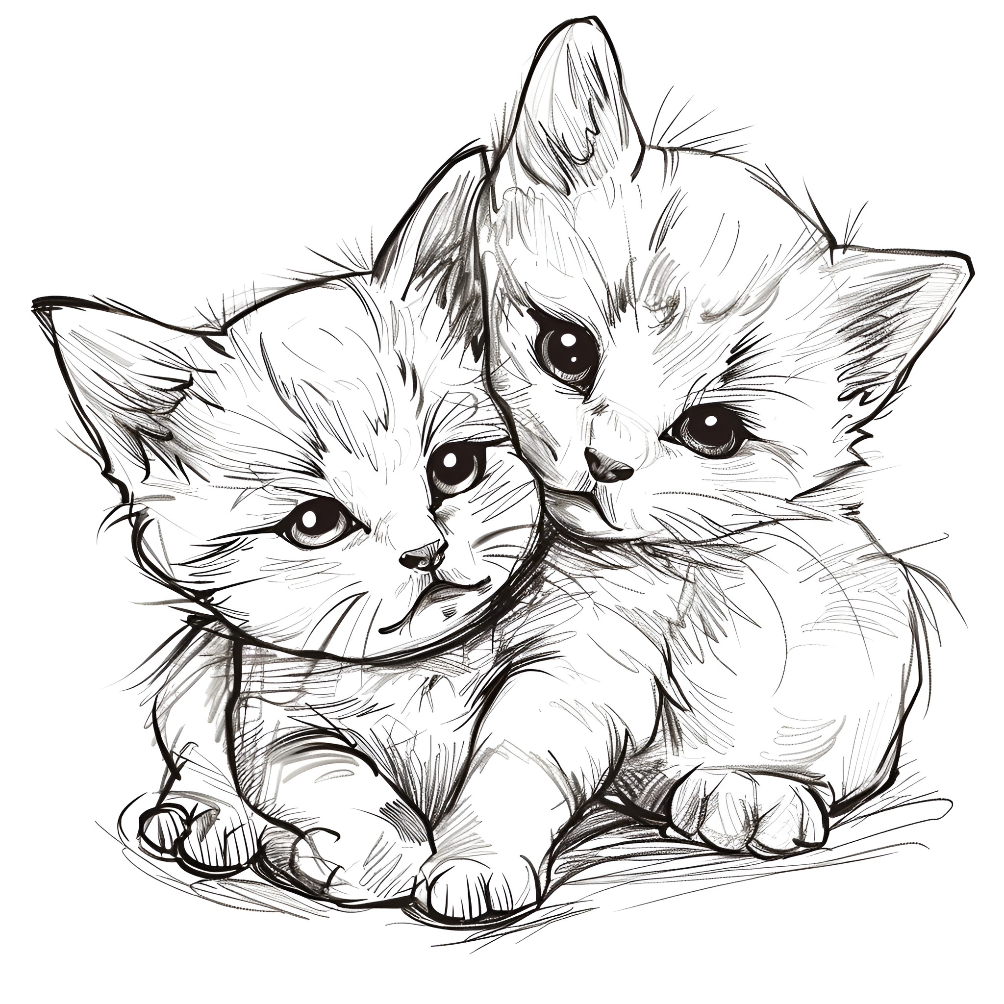 Pencil Sketch of Cuddling Kittens Drawing Idea (free black-and-white line drawing printable PDF for all, from beginners to advanced learners, including children, teens, adults, and seniors)