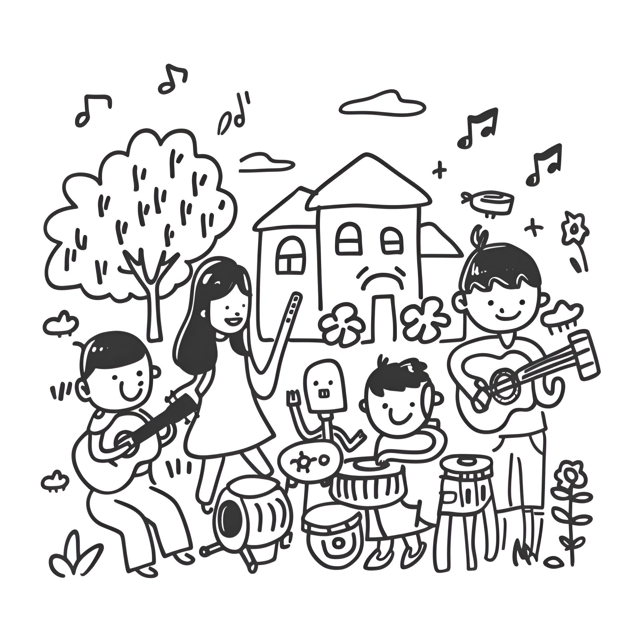 People enjoying music and outdoor activities Drawing Idea (free black-and-white line drawing printable PDF for all, from beginners to advanced learners, including children, teens, adults, and seniors)