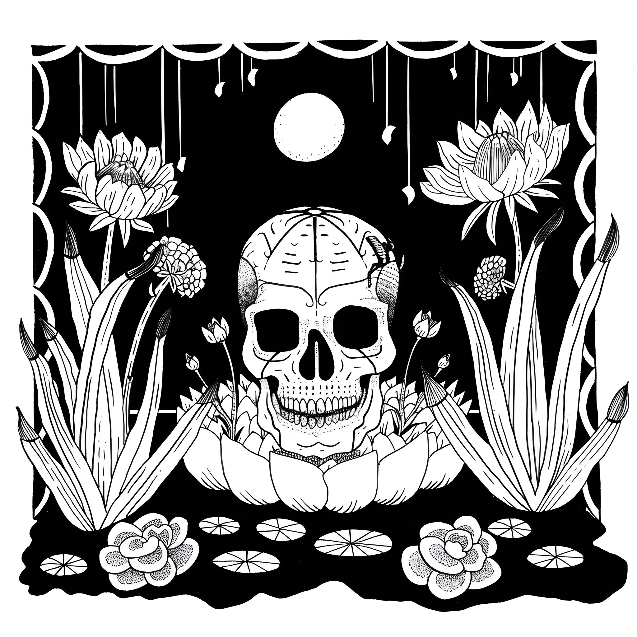 Skull amidst mystical floral arrangement Drawing Idea (free black-and-white line drawing printable PDF for all, from beginners to advanced learners, including children, teens, adults, and seniors)