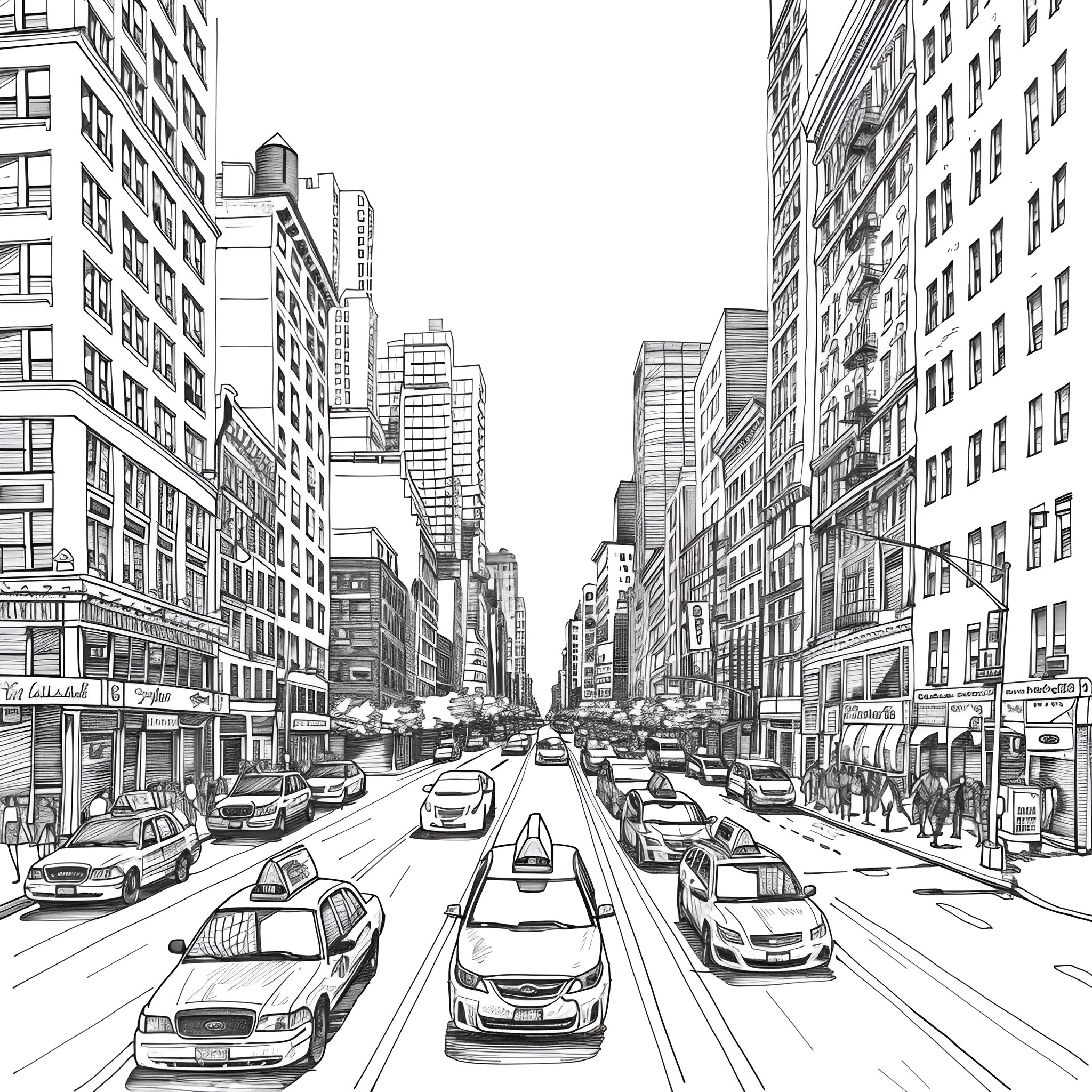 Pencil Sketch of a Busy City Street Drawing Idea (free black-and-white line drawing printable PDF for all, from beginners to advanced learners, including children, teens, adults, and seniors)