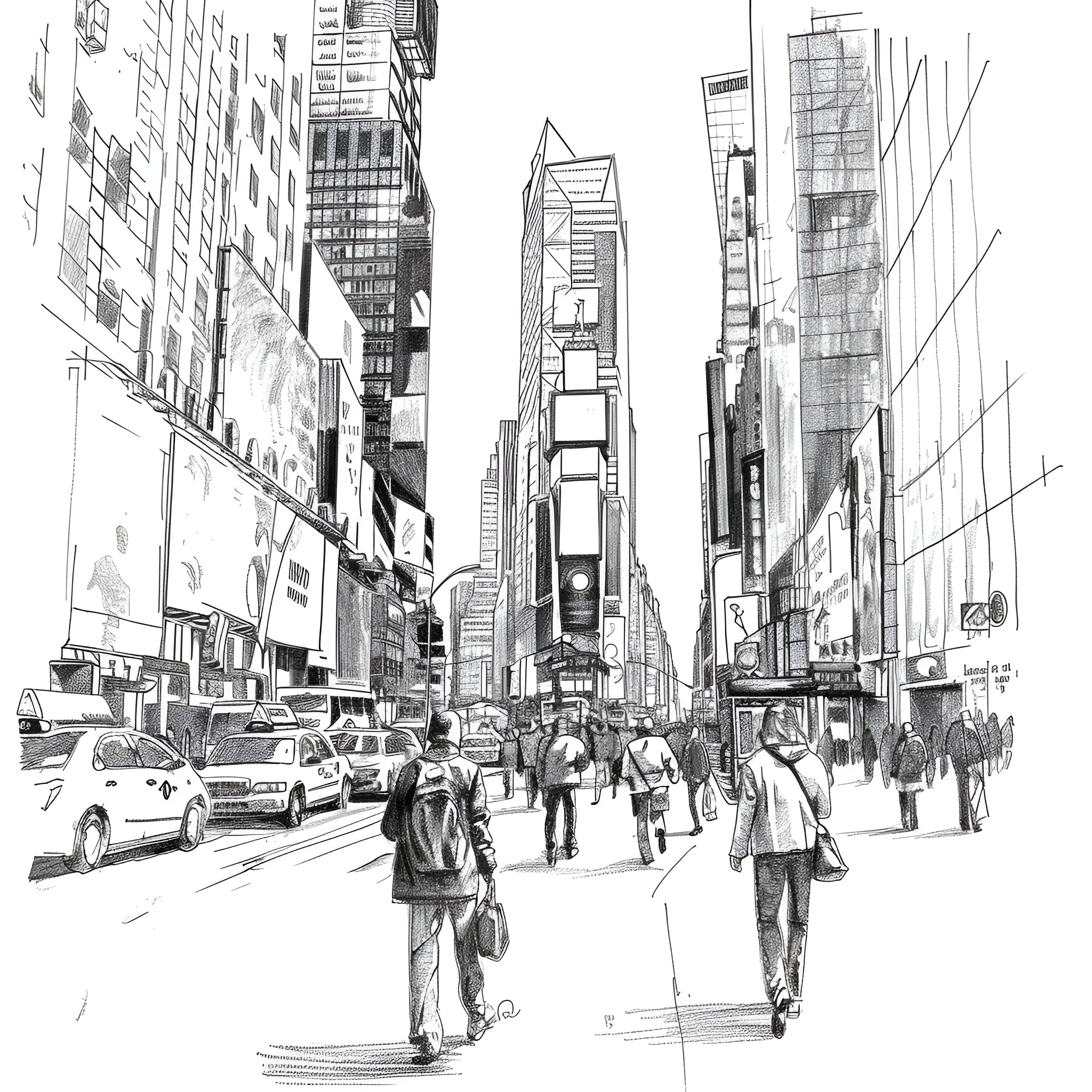 Pencil Sketch of Bustling City Street Drawing Idea (free black-and-white line drawing printable PDF for all, from beginners to advanced learners, including children, teens, adults, and seniors)