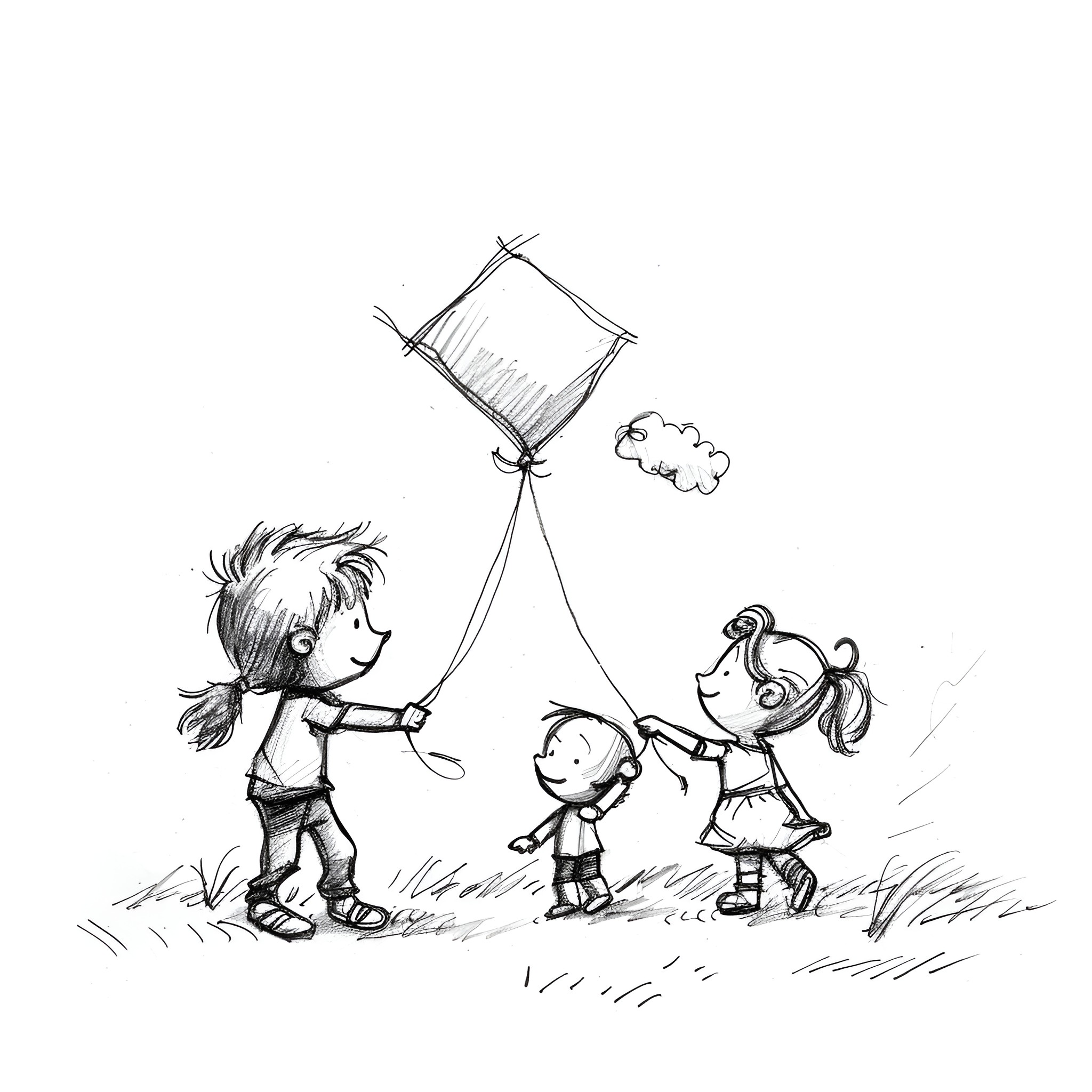 Pencil Sketch of Children Playing with Kite Drawing Idea (free black-and-white line drawing printable PDF for all, from beginners to advanced learners, including children, teens, adults, and seniors)