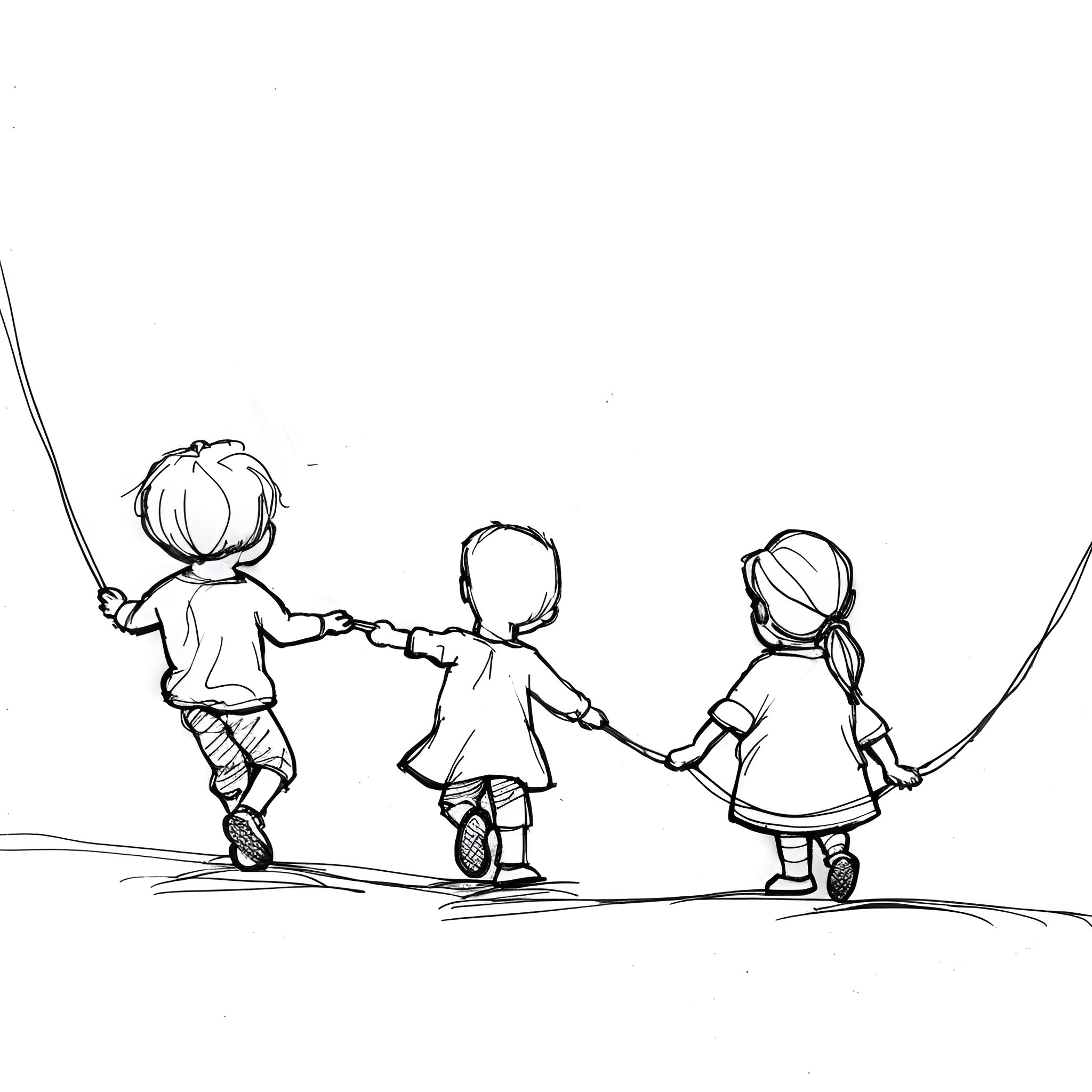 Pencil Sketch of Children Walking Together Drawing Idea (free black-and-white line drawing printable PDF for all, from beginners to advanced learners, including children, teens, adults, and seniors)