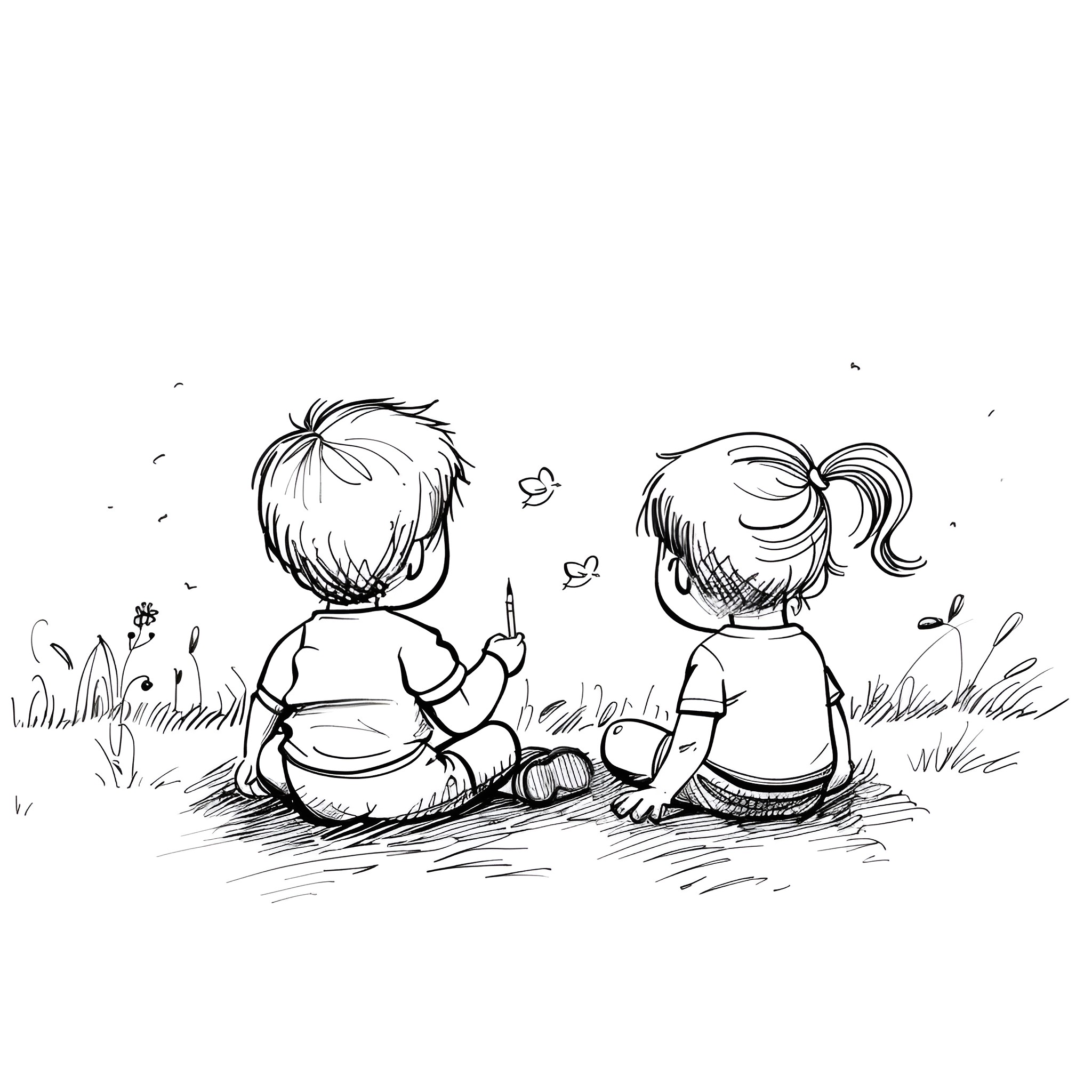 Pencil Sketch of Children Playing Outdoors Drawing Idea (free black-and-white line drawing printable PDF for all, from beginners to advanced learners, including children, teens, adults, and seniors)