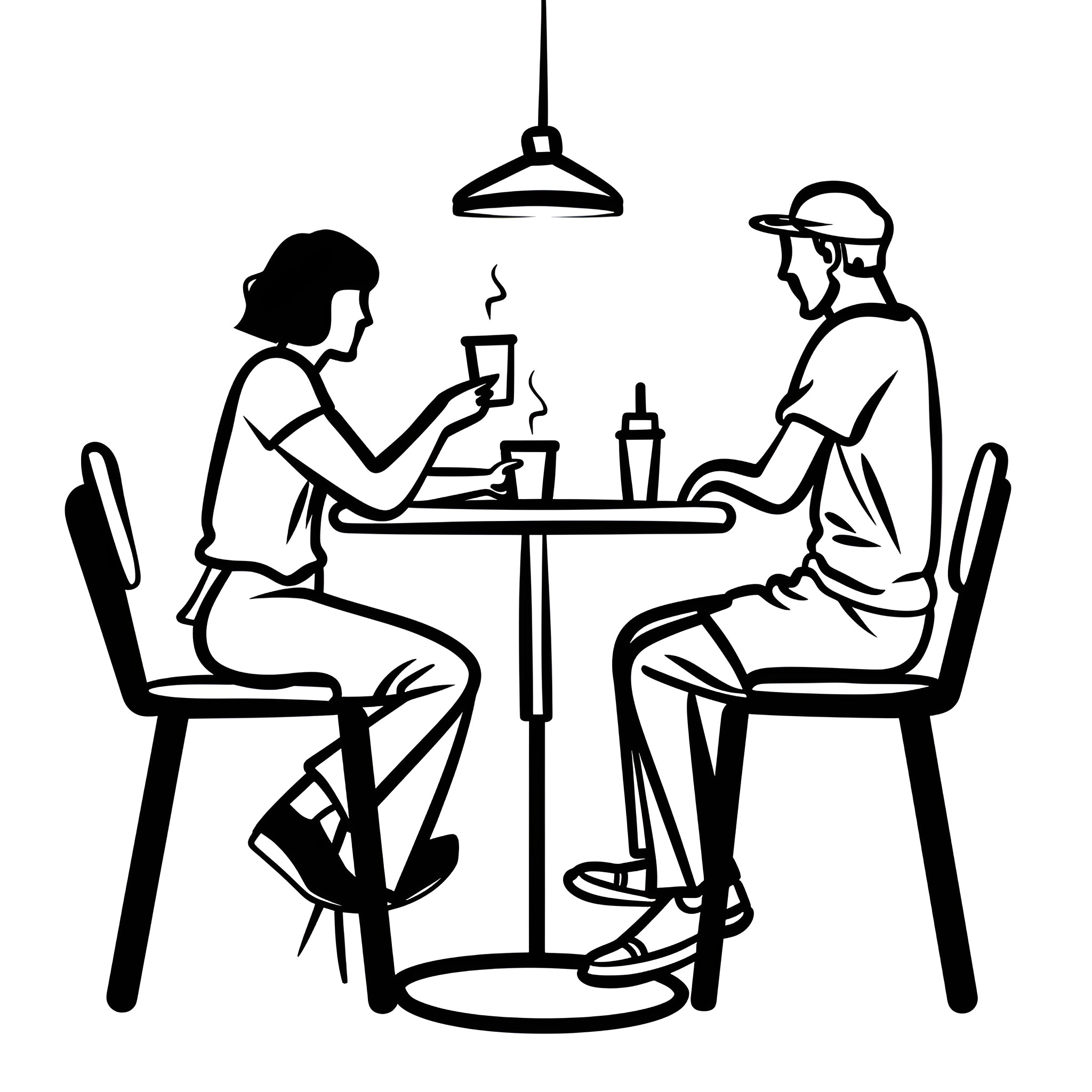 People enjoying coffee together at a table Drawing Idea (free black-and-white line drawing printable PDF for all, from beginners to advanced learners, including children, teens, adults, and seniors)