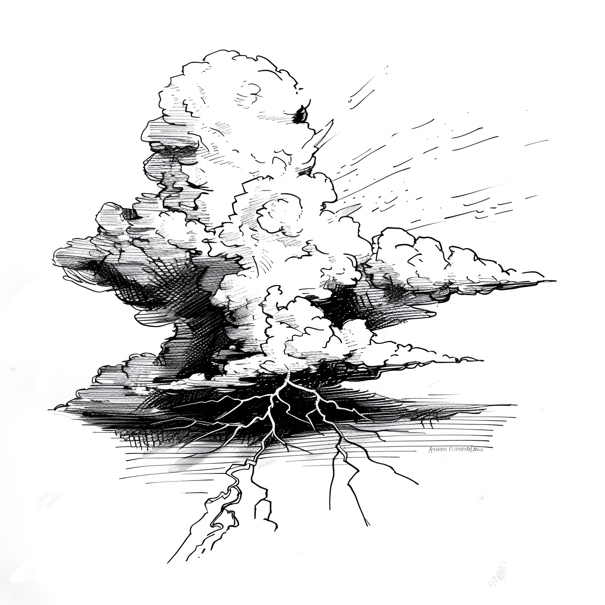 Pencil Sketch of Explosive Storm Clouds Drawing Idea (free black-and-white line drawing printable PDF for all, from beginners to advanced learners, including children, teens, adults, and seniors)