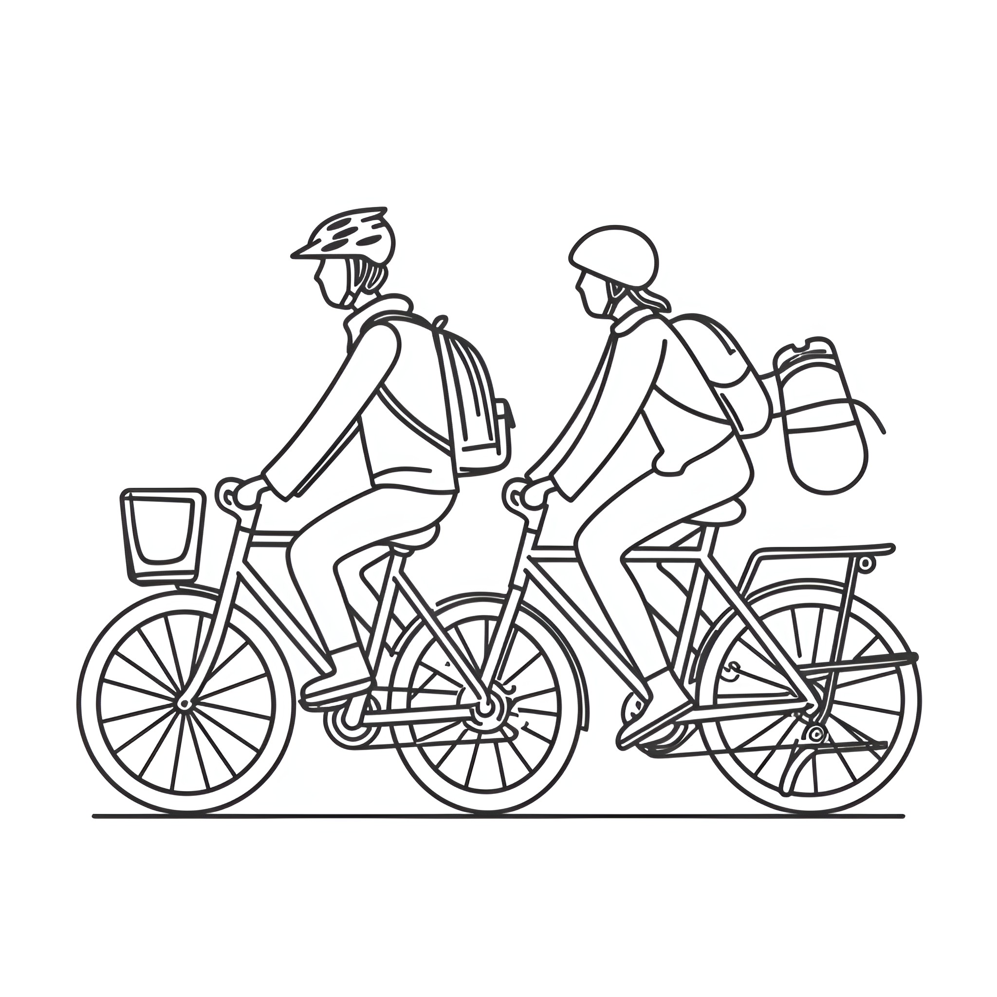 People riding bicycles with backpacks Drawing Idea (free black-and-white line drawing printable PDF for all, from beginners to advanced learners, including children, teens, adults, and seniors)