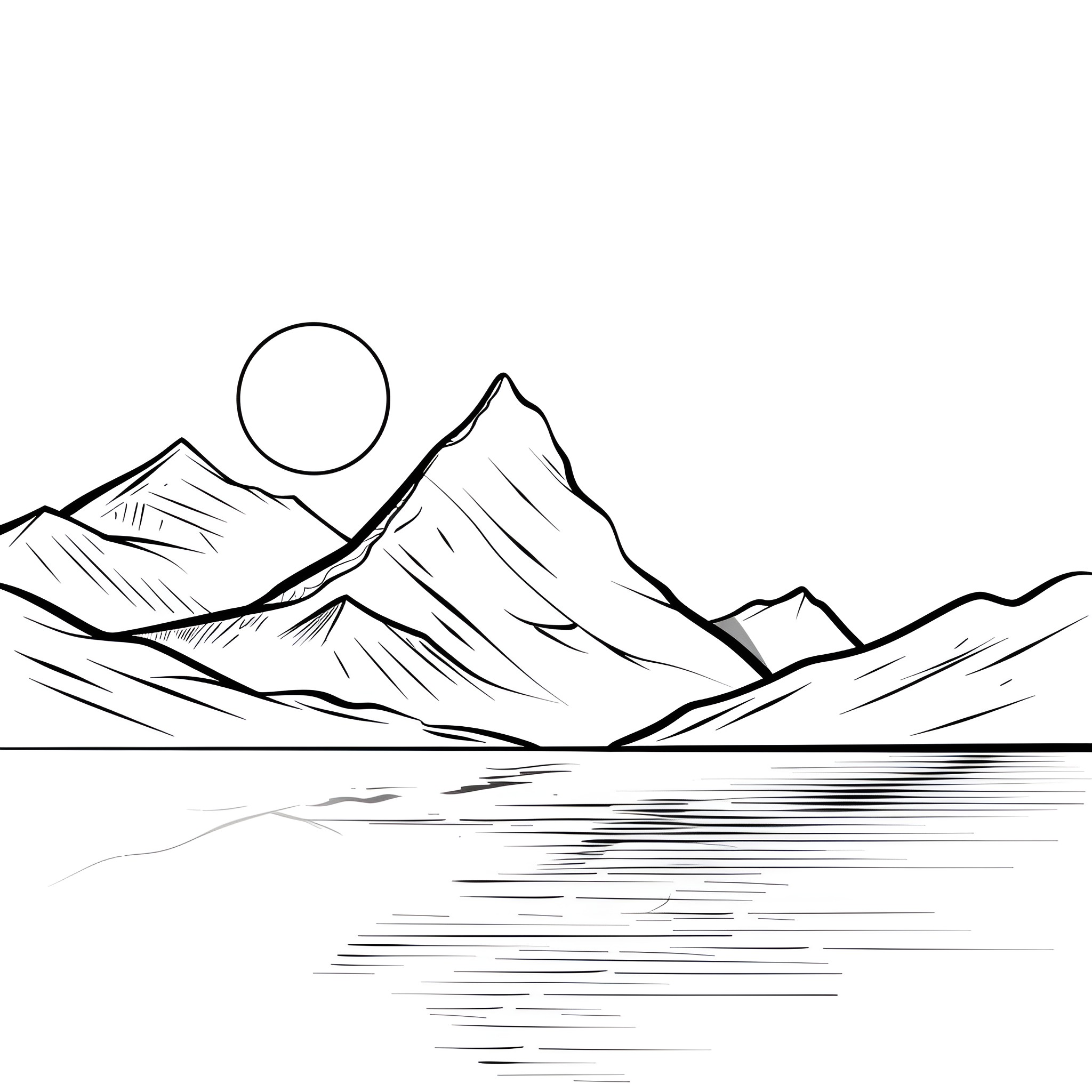 Pencil Sketch of Serene Mountain Landscape Drawing Idea (free black-and-white line drawing printable PDF for all, from beginners to advanced learners, including children, teens, adults, and seniors)