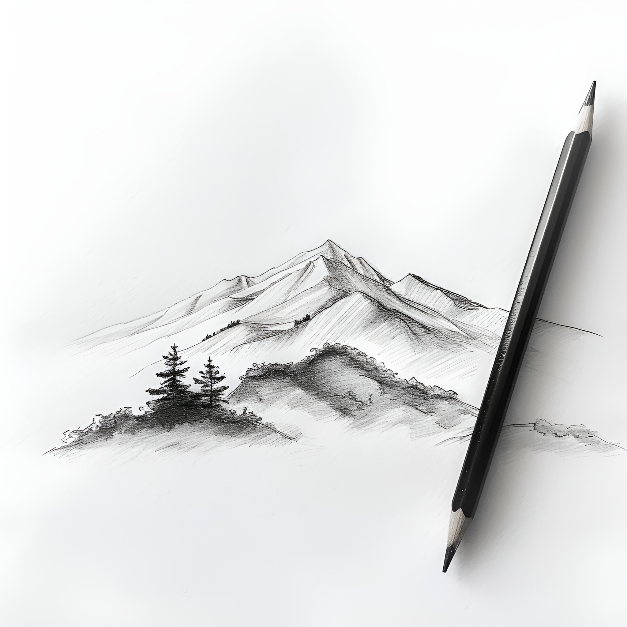 Pencil Sketch of Mountainous Landscape Drawing Idea (free black-and-white line drawing printable PDF for all, from beginners to advanced learners, including children, teens, adults, and seniors)