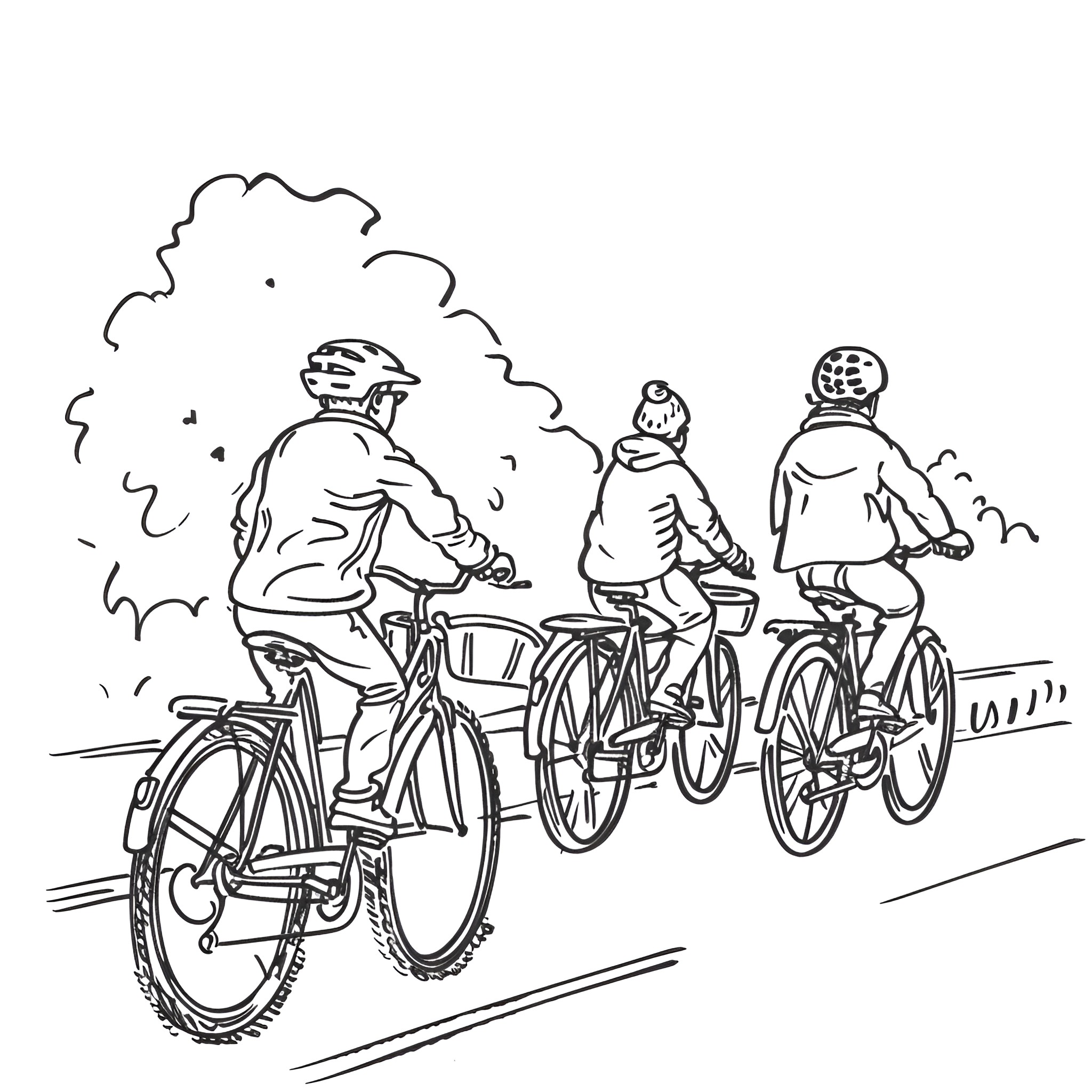 People cycling together outdoors Drawing Idea (free black-and-white line drawing printable PDF for all, from beginners to advanced learners, including children, teens, adults, and seniors)