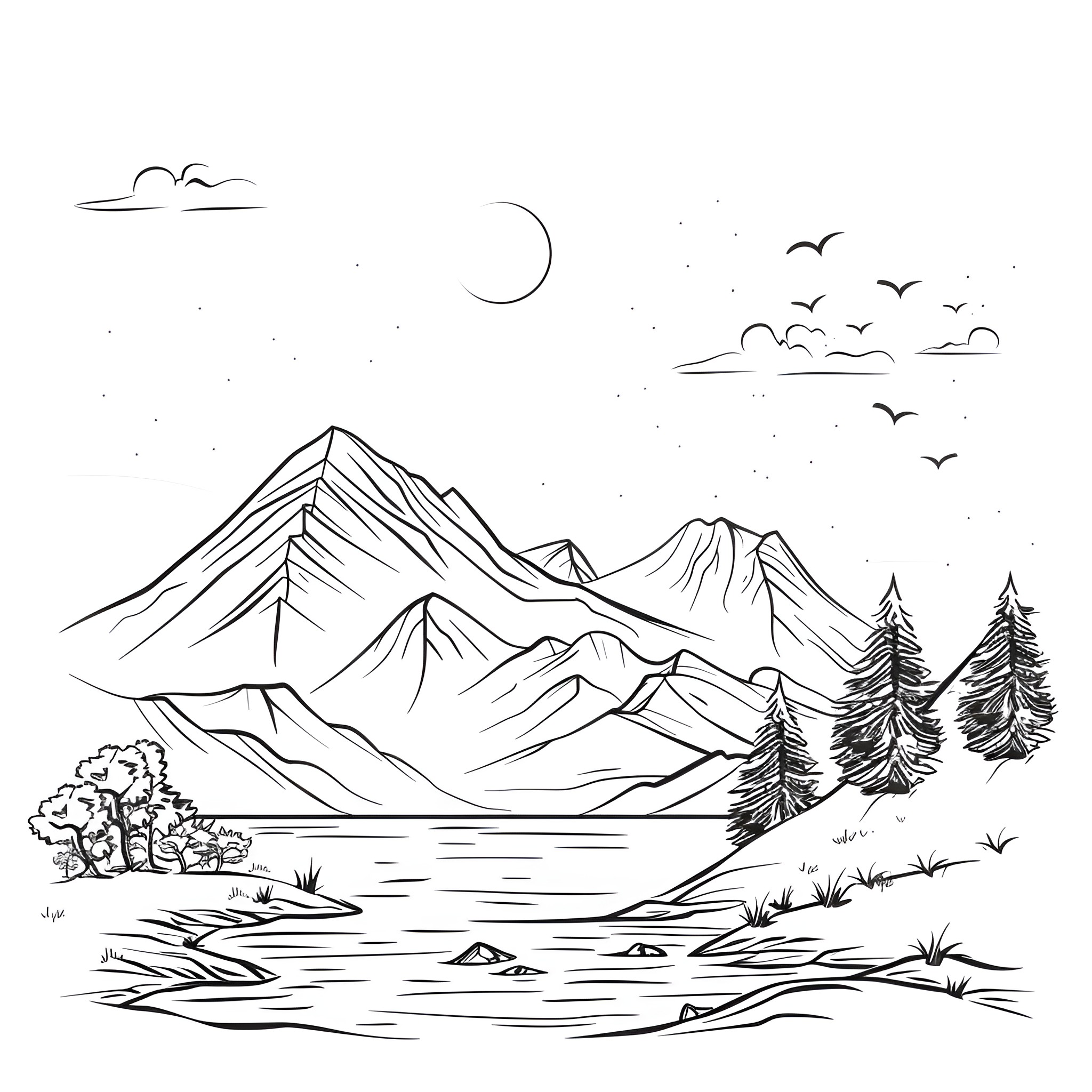 Pencil Sketch Mountain Landscape Drawing Idea (free black-and-white line drawing printable PDF for all, from beginners to advanced learners, including children, teens, adults, and seniors)