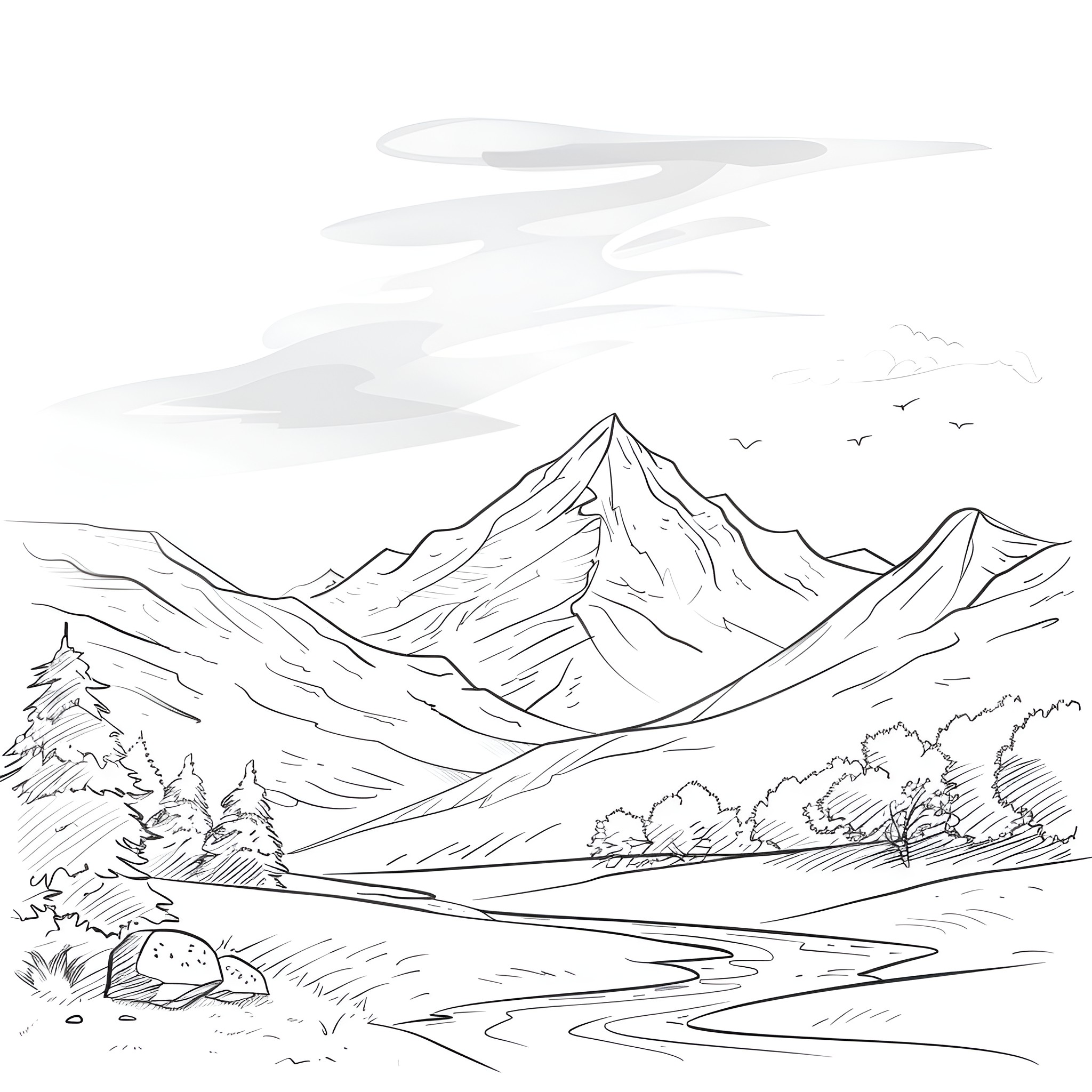 Pencil Sketch of Mountain Landscape Drawing Idea (free black-and-white line drawing printable PDF for all, from beginners to advanced learners, including children, teens, adults, and seniors)