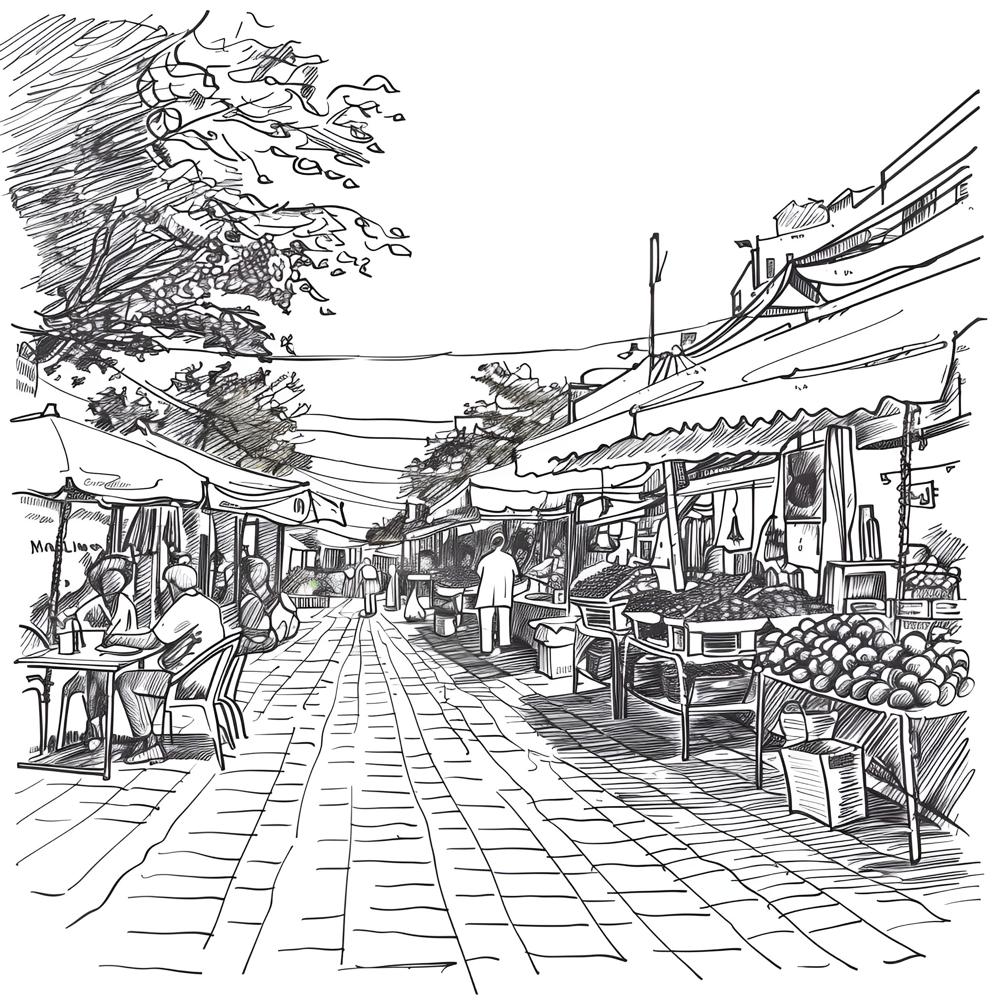 Pencil Sketch of a Bustling Outdoor Market Drawing Idea (free black-and-white line drawing printable PDF for all, from beginners to advanced learners, including children, teens, adults, and seniors)