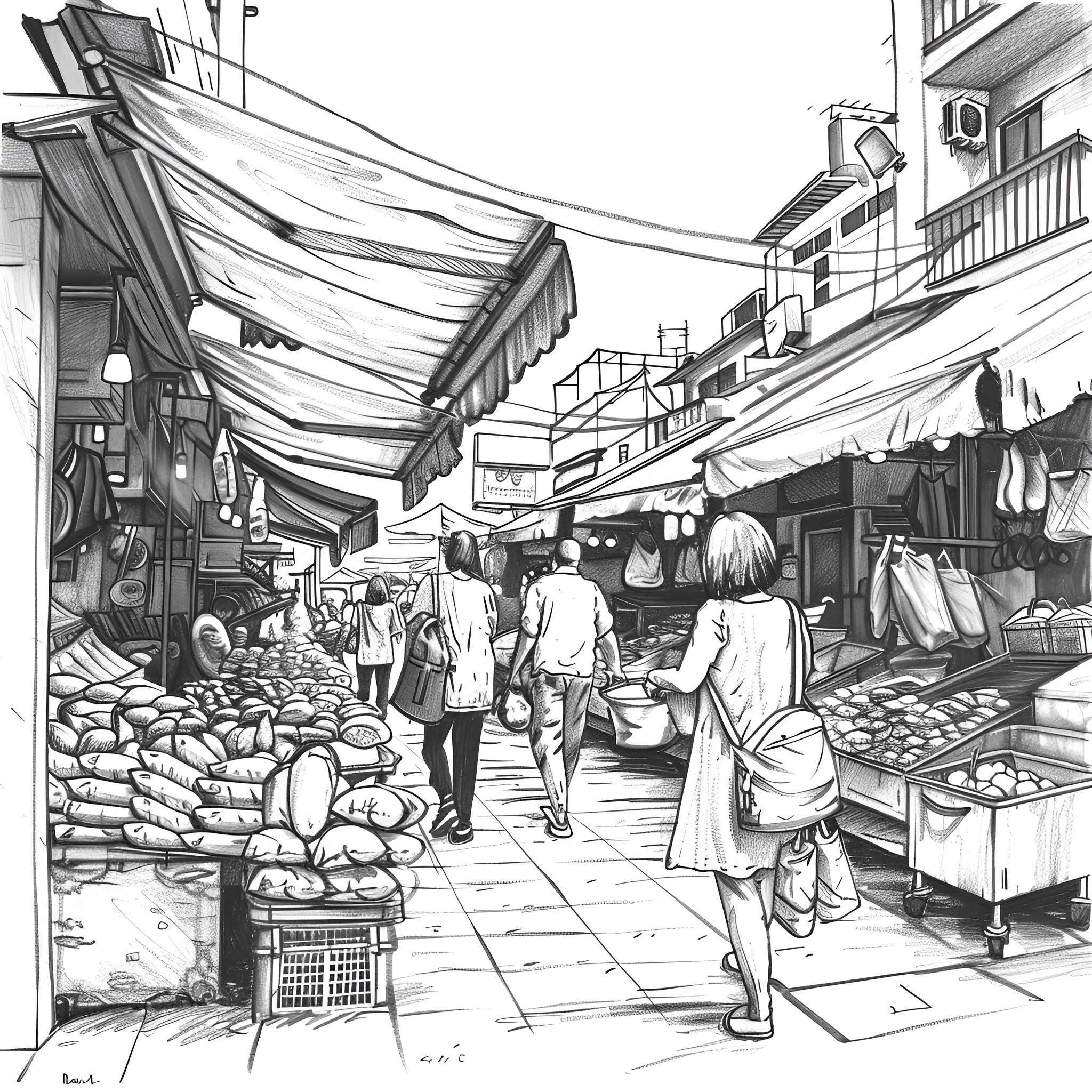 Pencil Sketch of a Bustling Street Market Drawing Idea (free black-and-white line drawing printable PDF for all, from beginners to advanced learners, including children, teens, adults, and seniors)